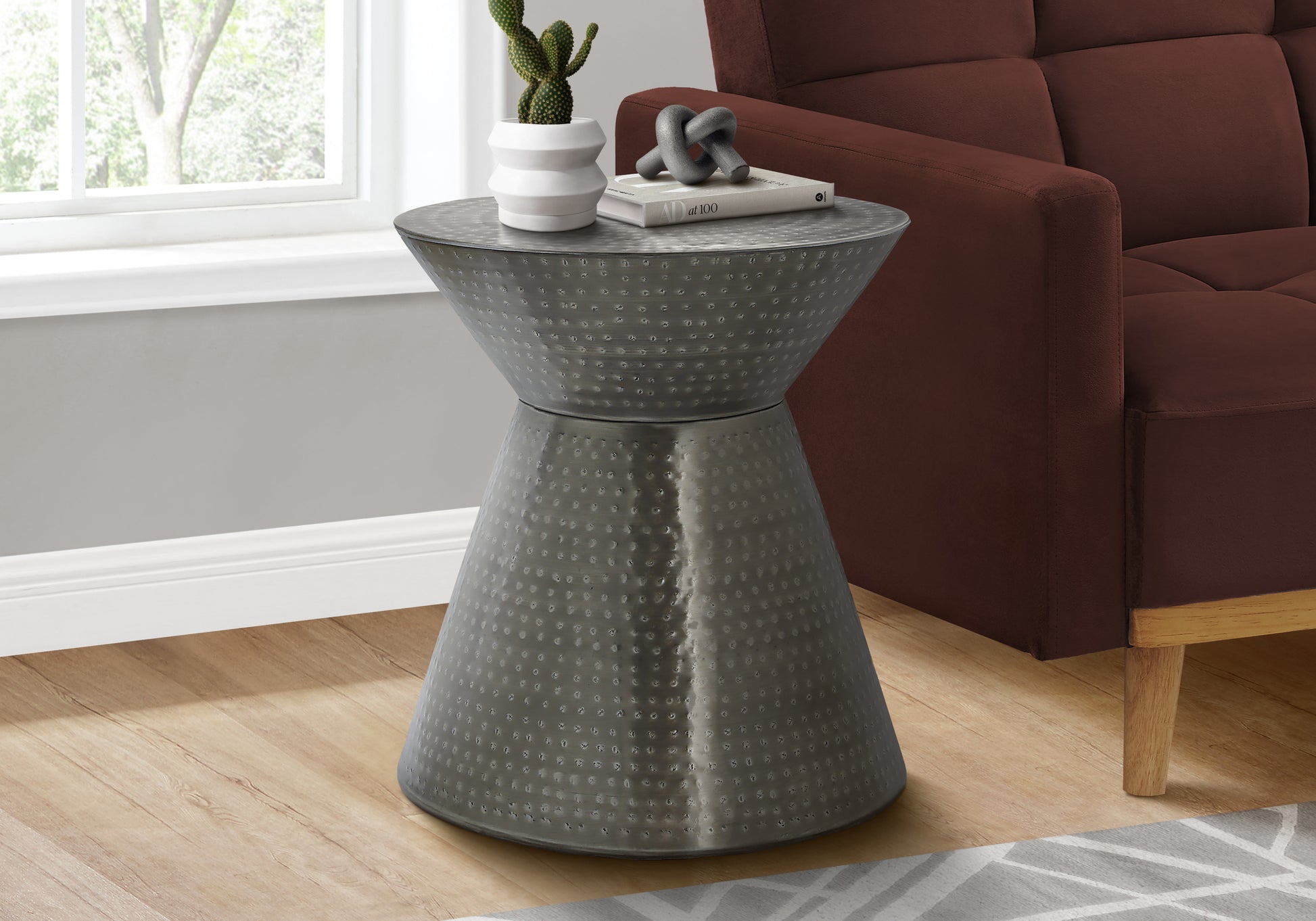 Accent Table, Drum, Side, End, Nightstand, Lamp, Living Room, Bedroom, Grey Metal, Contemporary, Modern Silver Metal