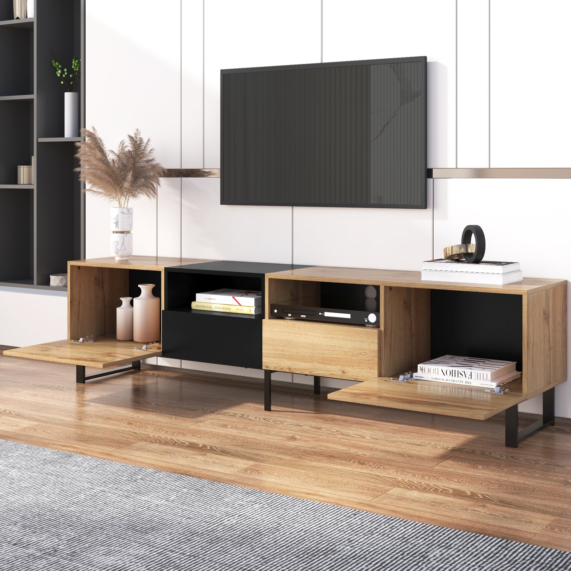 Modern Tv Stand With 2 Cabinets& Open Storage Compartment, Color Matching Media Console Table For Tvs Up To 85'', Entertainment Center With Drop Down Door For Living Room, Bedroom, Home Theatre Wood Brown Primary Living Space 70 79 Inches 90 Inches Or