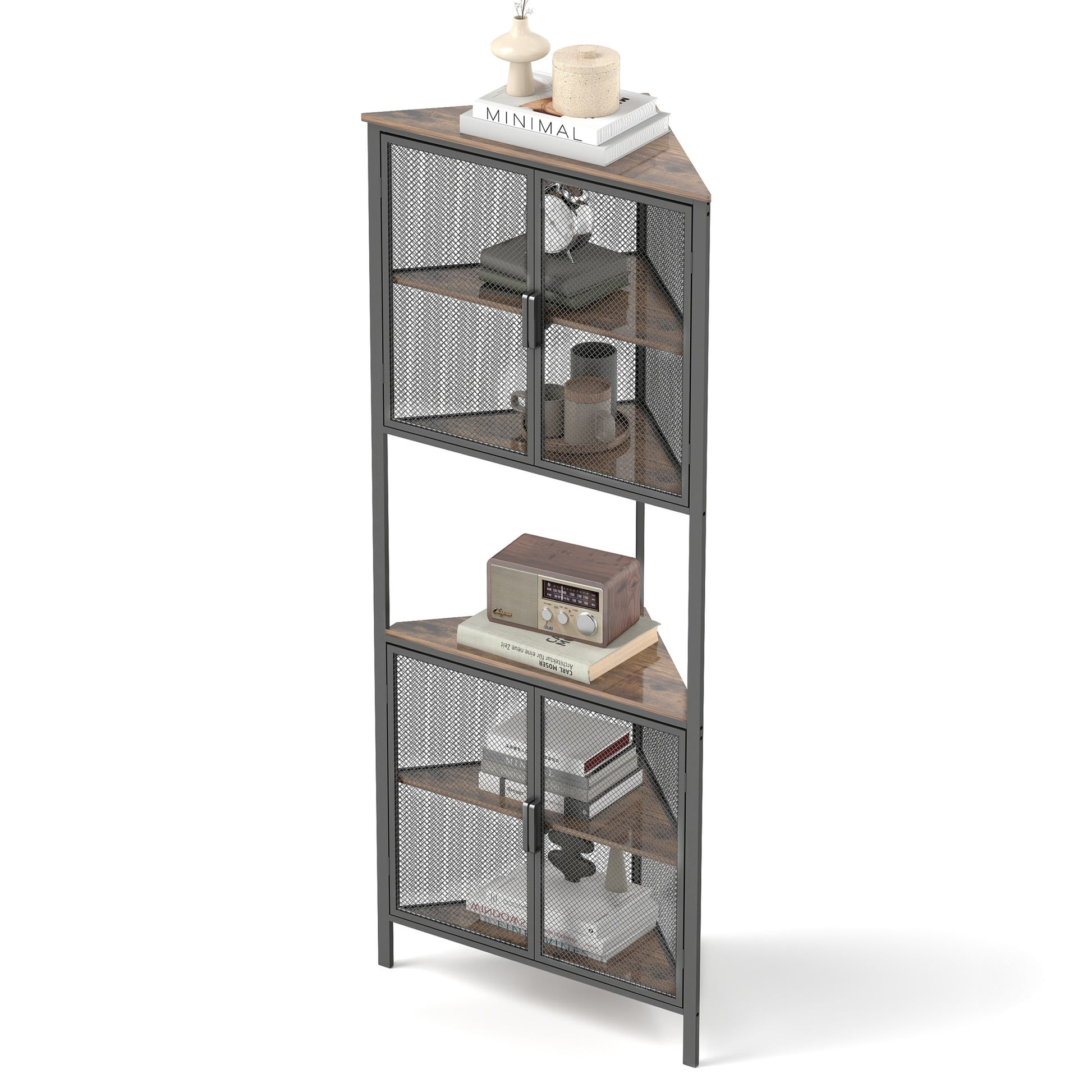 5 Tier Shelves With Metal Mesh Door, Bookcase Storage Shelf Corner Shelf For Small Space, Living Room Black Brown Metal