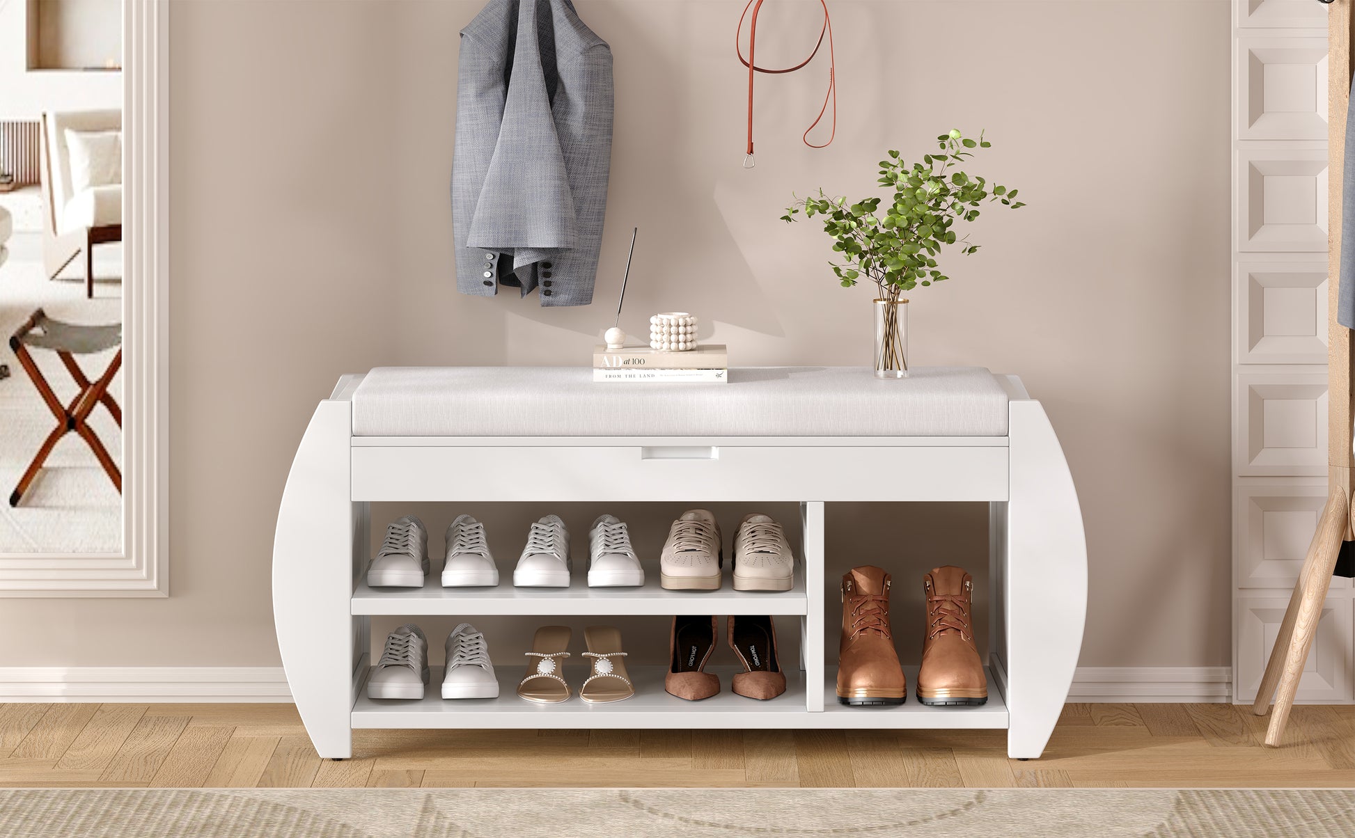 Retro Multifunctional Storage Bench With Cushion And Curved Side Panel For Entrance And Living Room Antique White Antique White Mdf