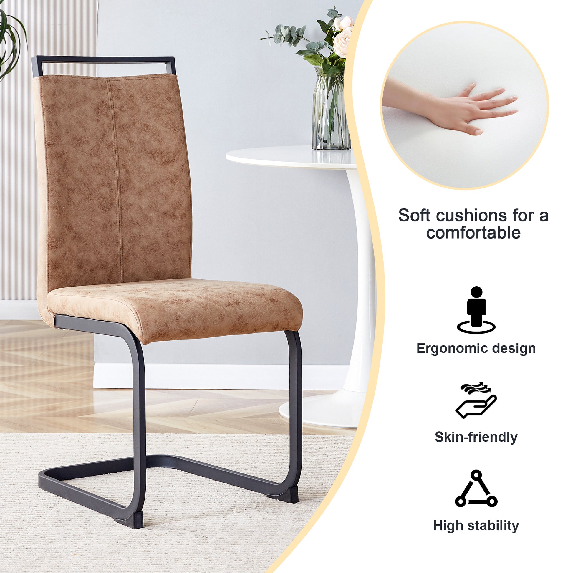 Table And Chair Set.Modern Dining Table, Tempered Glass Countertop With Artistic Mdf Legs.Paried With 6 Comfortable Chairs With Pu Seats And Metal Legs. Suitable For Various Decoration Styles. Black Brown,Transparent Seats 6 Mdf Metal