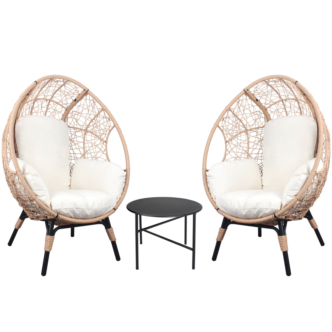 3 Pieces Patio Egg Chairs Model 3 With Side Table Set,Natural Color Pe Rattan And Beige Cushion Yes Natural Foam Steel