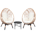 3 Pieces Patio Egg Chairs Model 3 With Side Table Set,Natural Color Pe Rattan And Beige Cushion Yes Natural Foam Steel