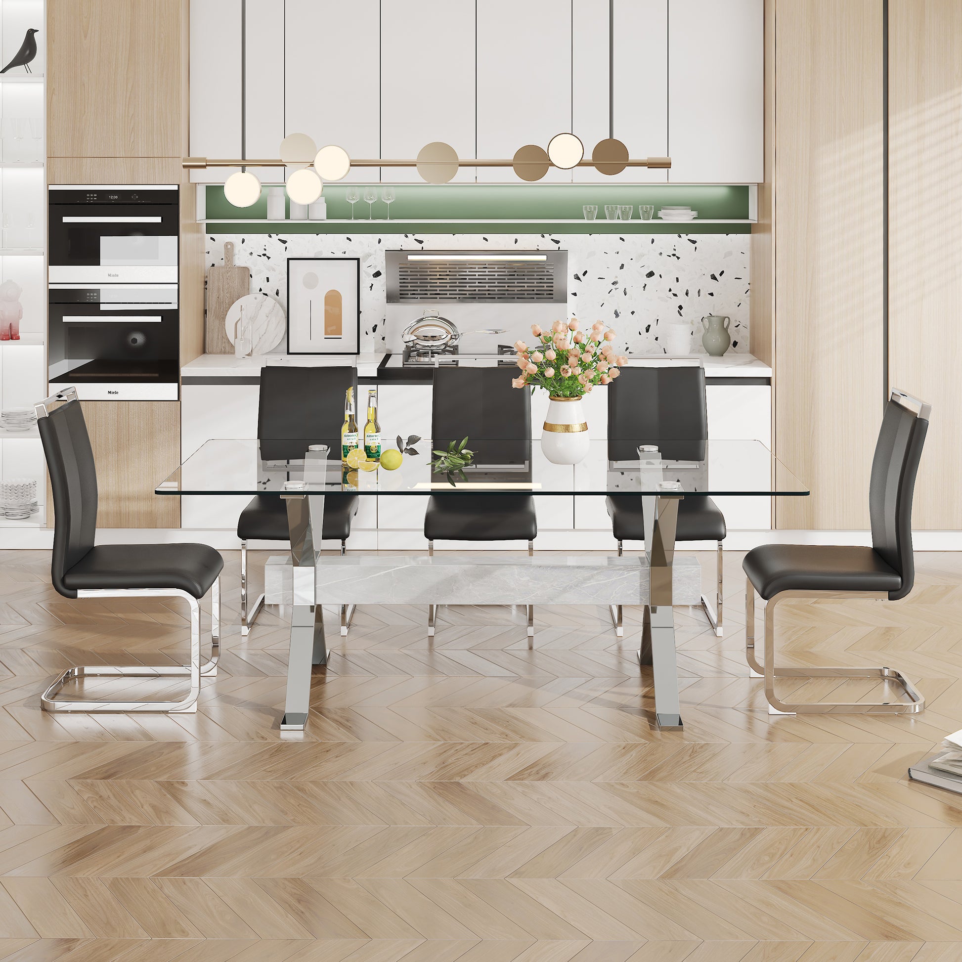 Dining Table. Modern Tempered Glass Dining Table. Large Modern Office Desk With Silver Plated Metal Legs And Mdf Crossbars, Suitable For Both Home And Office Use. Kitchen. 71 ''X35.4''X30 '' 1105 Transparent Glass