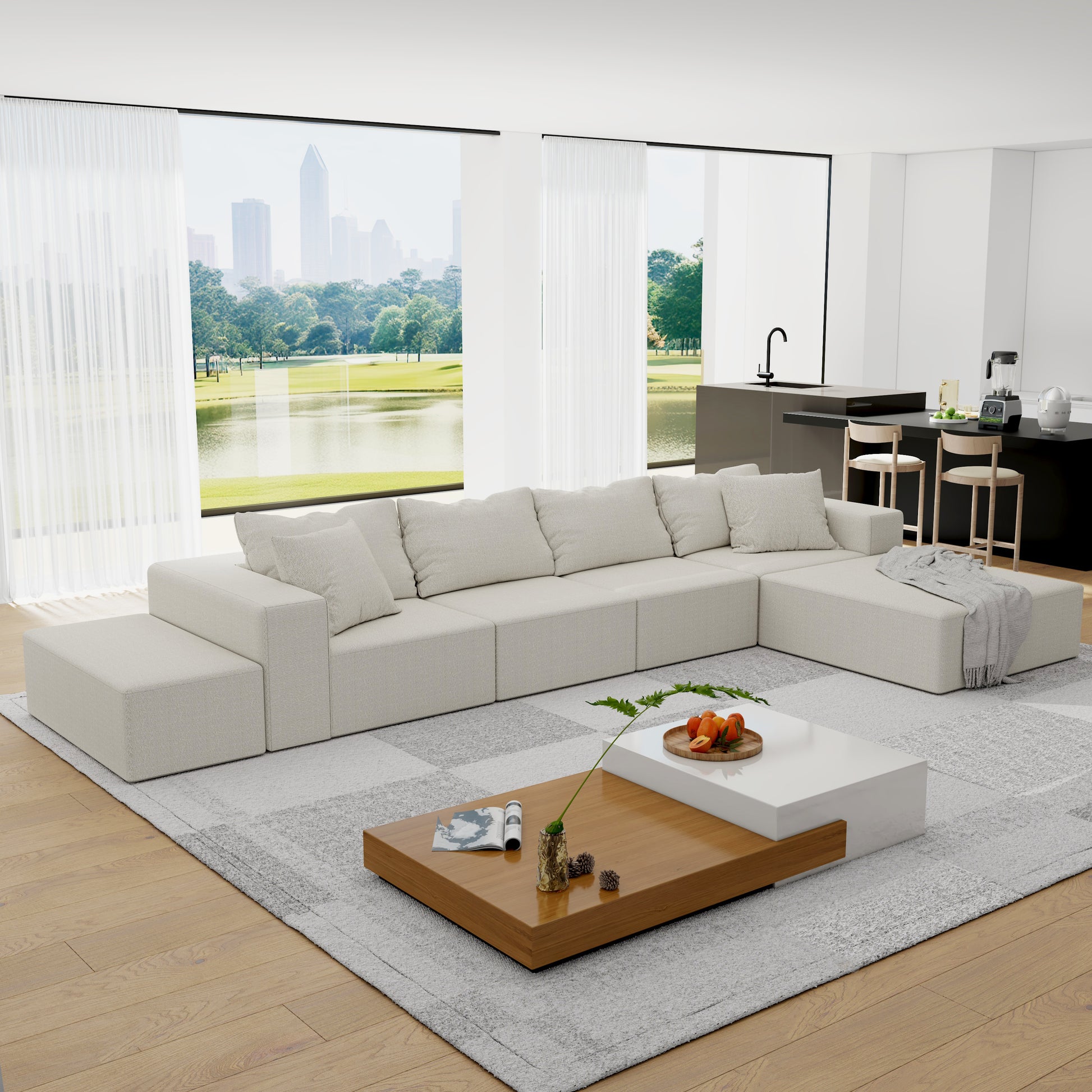 Modern Upholstered Sectional Sofa Couch Set,Modular 132" L Shaped Sectional Living Room Sofa Set With 6 Pillows,Free Combination Sofa Couch For Living Room,Bedroom Beige Foam Chenille 6 Seat