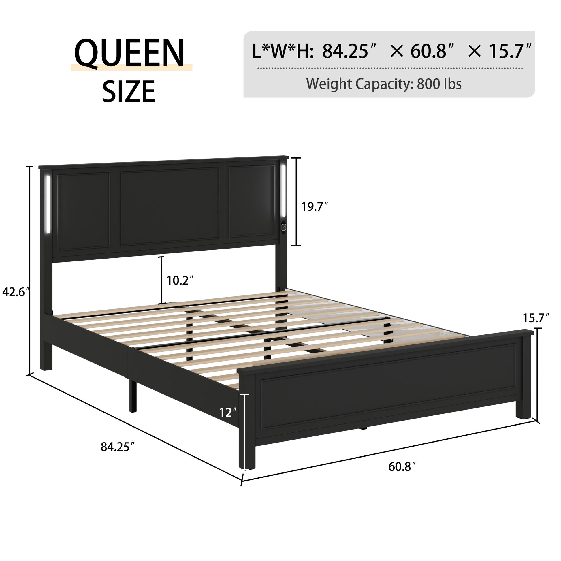 Queen Size Bed Frame, Platform Bed Frame With Wood Headboard And Footboard,Charging Station And Led Lights, 12 Wood Slats Support, No Box Spring Neededblack Box Spring Not Required Queen Antique