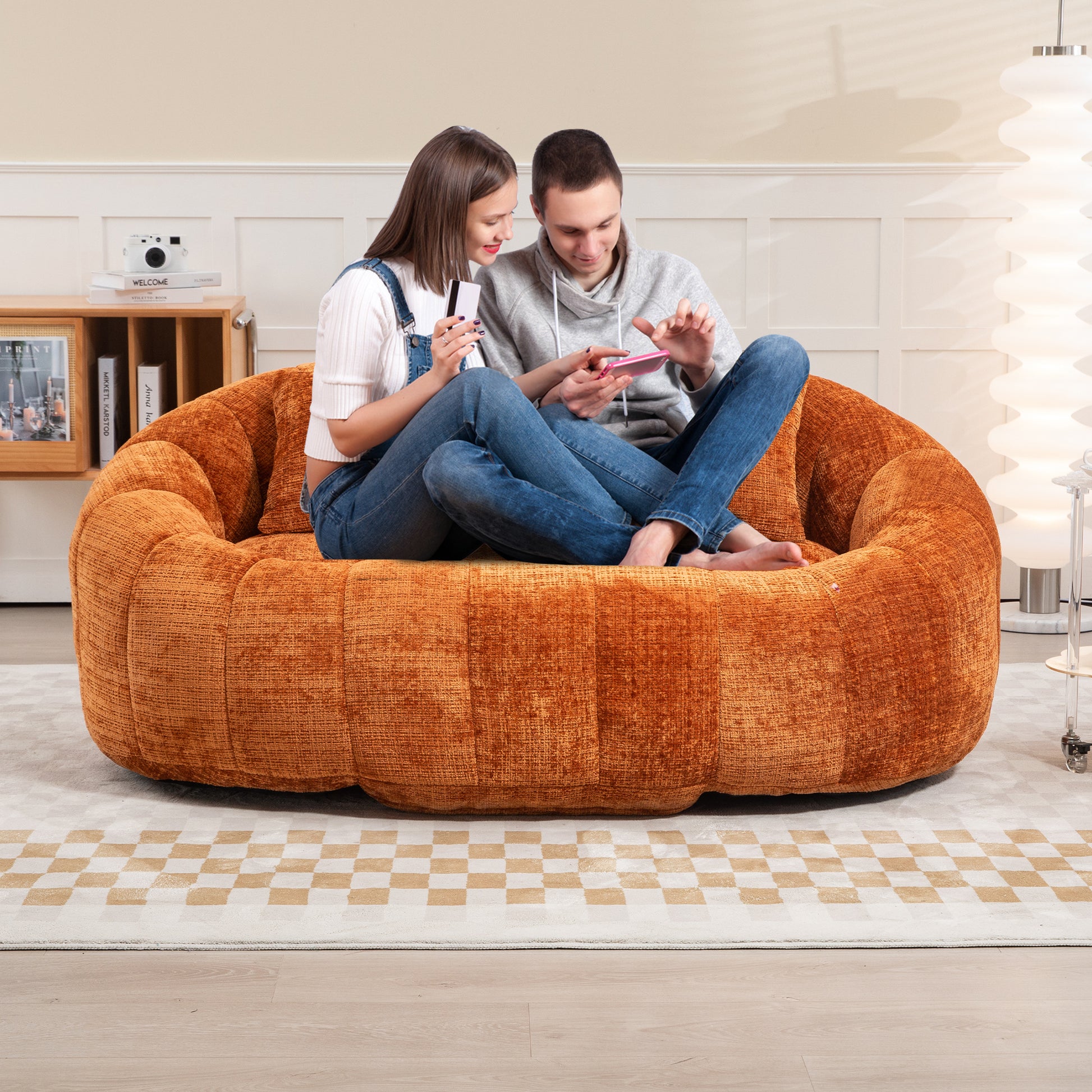 Coolmore Bean Bag Sofa Lazy Sofa Durable Comfort Lounger High Back Bean Bag Chair Couch For Adults And Kids, Indoor & Outdoor, Accent Floor Soft Lounge Chair Orange Chenille Orange Foam Chenille 2 Seat