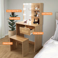 Vanity Desk Set Stool & Dressing Table With Led Lighting Mirror Drawer And Compartments Modern Wood Cosmetic Table Chest Of Drawers Nature Color Natural Wood Particle Board