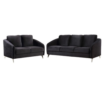 Hida 2 Piece Sofa And Loveseat Set, Diamond Stitching, Smooth Black Velvet Black Wood Fabric 5 Seat