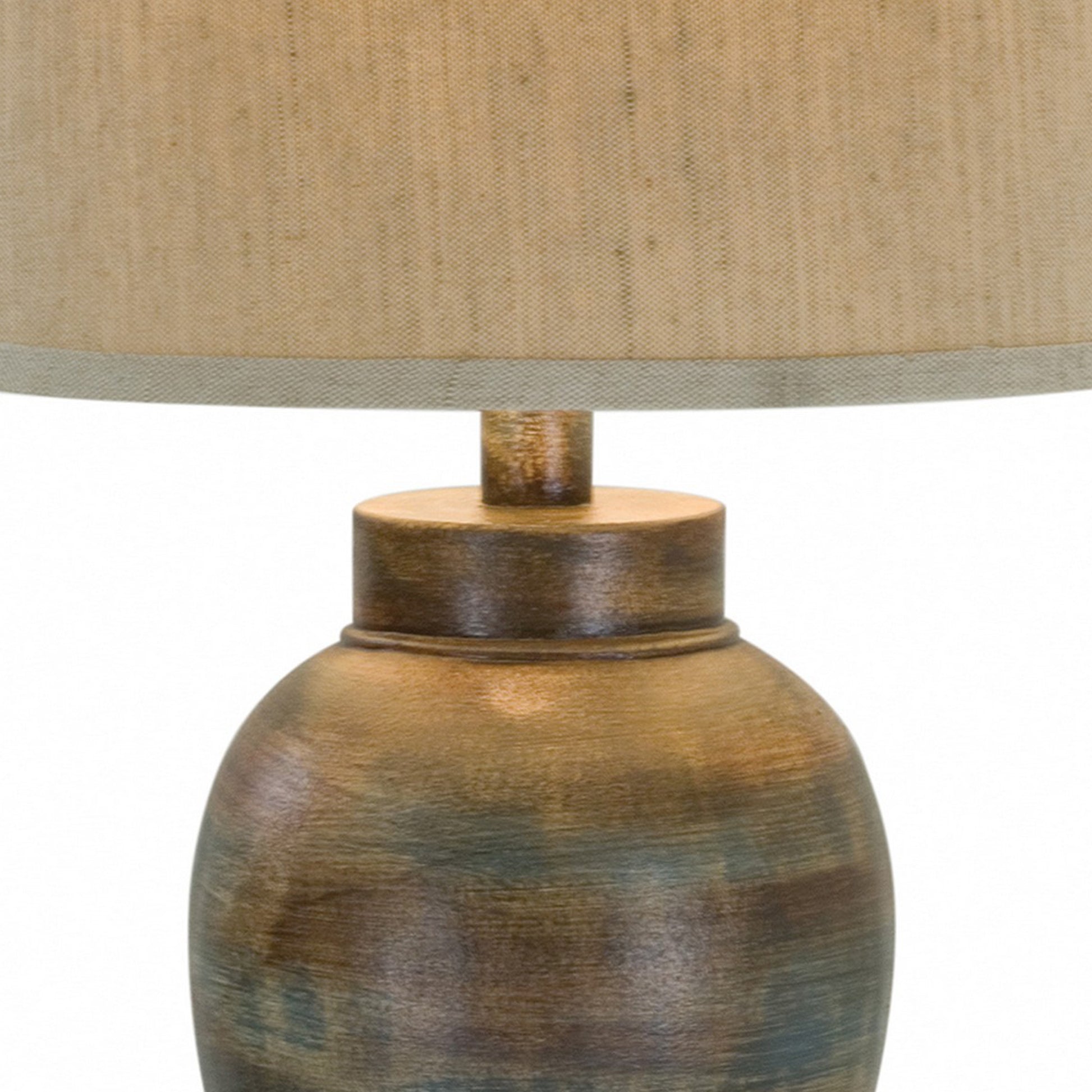 30 Inch Hydrocal Table Lamp, Drum Shade, Classic Urn Base, Brown And Blue Brown Beige Fabric