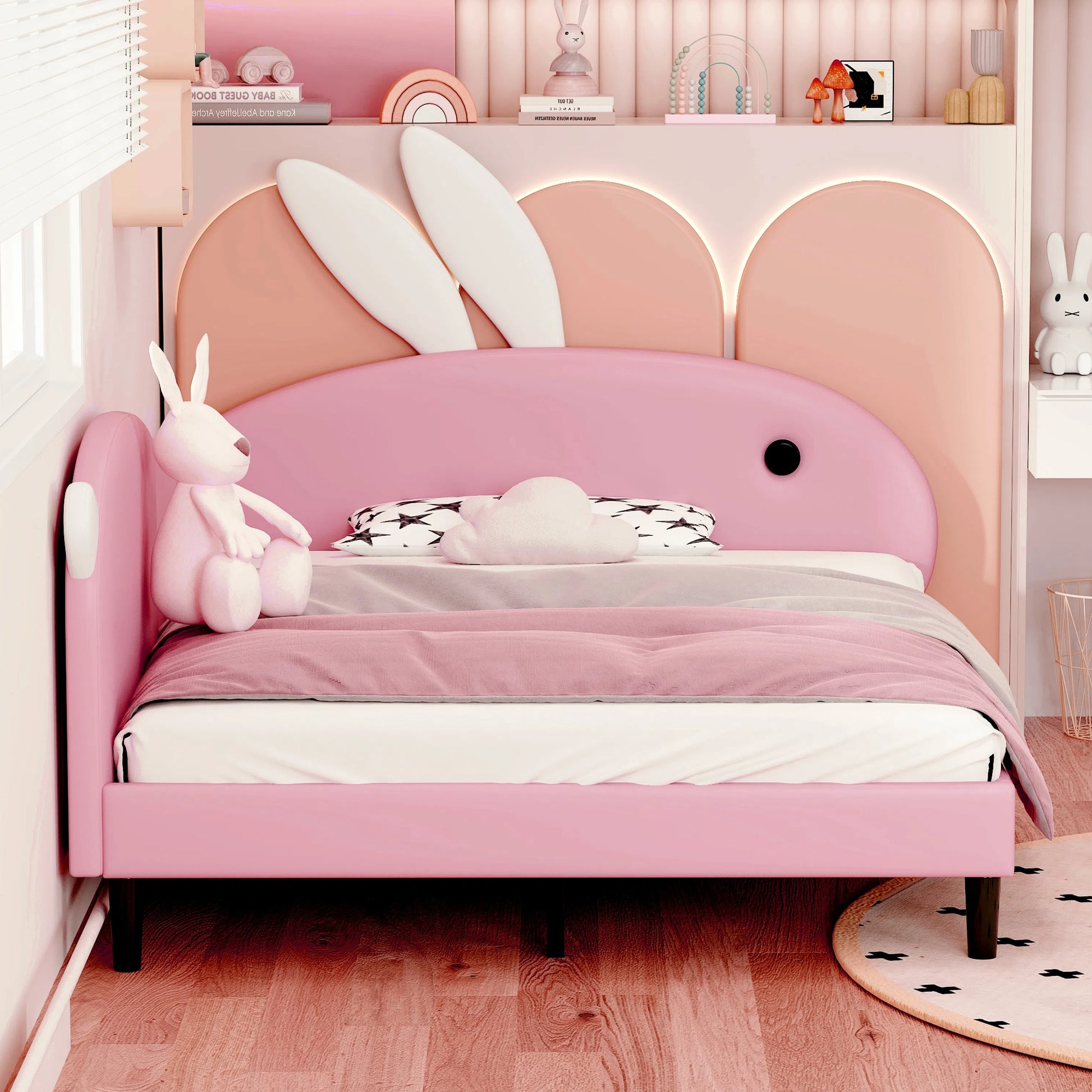 Full Size Upholstered Rabbit Shape Daybed, Sofabed With Rabbit Ear Headboard, Pink Full Pink Pu