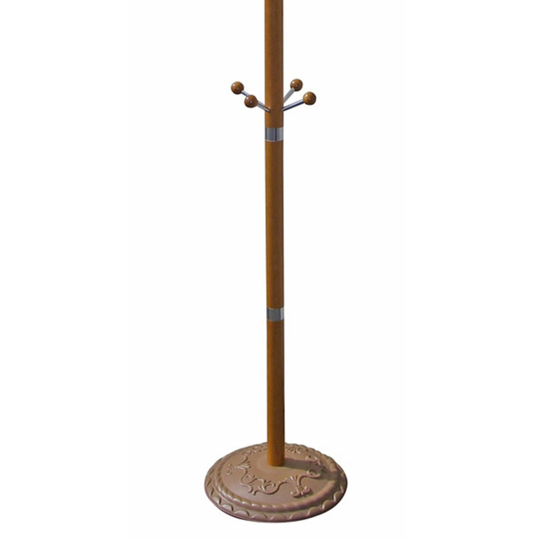 73" Tall Chrome And Wood Coat Rack, Oak Finish Oak Wood