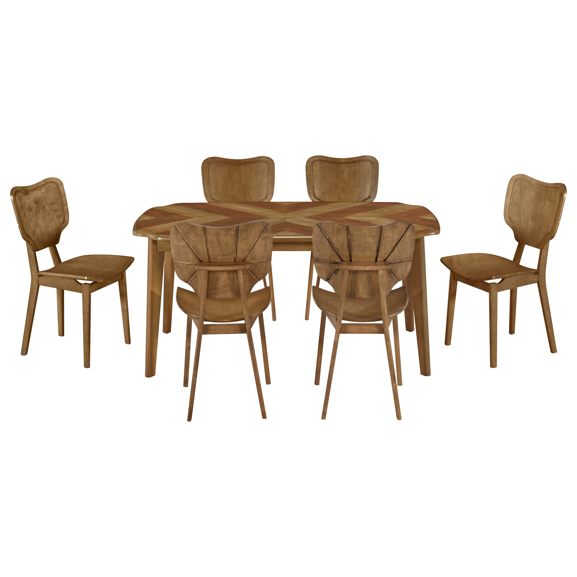 Vintage 7 Piece Dining Table Set With 6 Dining Chairs,Kitchen Table Set For 6 With Curved Back And Seat, Brown Wood Dining Room Solid Wood Rubberwood Rectangular Dining Table With Chair Upholstered Chair Wood Brown Seats 6 Farmhouse Curved 4 Leg Rubber