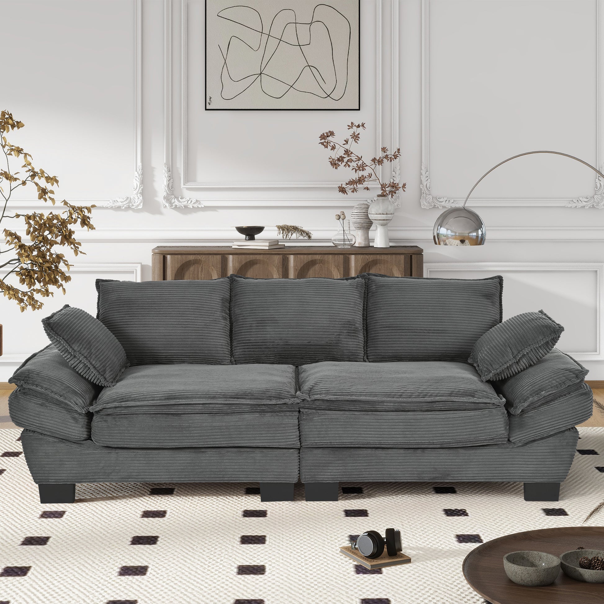 85.4" Modern Curved Sofa, Back Upholstered Couch With 2 Decorative Throw Pillows, Corduroy Fabric Couch For Living Room, Bedroomapartment Gray Corduroy 2 Seat