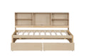 Twin Size Bed Frame With Side Bookshelves, Two Drawers, And Built In Usb Port For Natural Color Box Spring Not Required Twin Natural Bedroom Bookcase Particle Board,Plywood,Rubber Wood