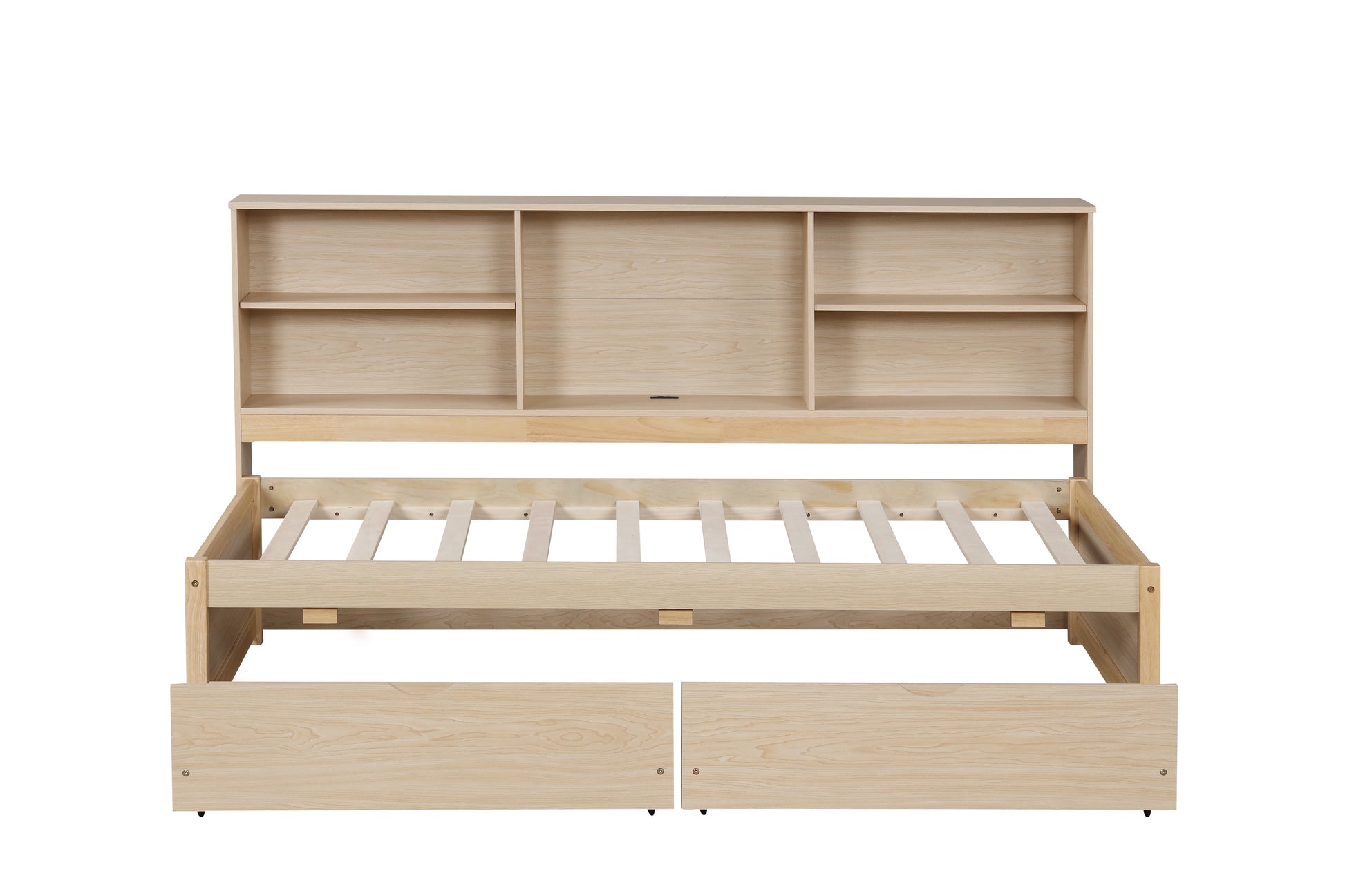 Twin Size Bed Frame With Side Bookshelves, Two Drawers, And Built In Usb Port For Natural Color Box Spring Not Required Twin Natural Bedroom Bookcase Particle Board,Plywood,Rubber Wood