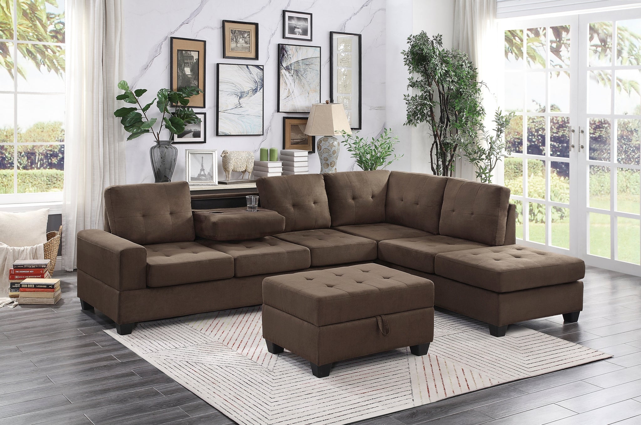 Modern Living Room 3 Piece Sectional Reversible Sofa Chaise Storage Ottoman Tufted Detail Brown Microfiber Upholstered Drop Down Cup Holder Solid Wood Frame Furniture Chocolate Microfiber Wood Primary Living Space Modern L Shaped Solid Wood 4 Seat