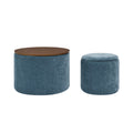 2 Piece Set Round Chenille Storage Ottoman, Equipped With A Drum Shaped Small Stool, Storage Space, And Mdf Made Desktop Panel Dark Blue23.62