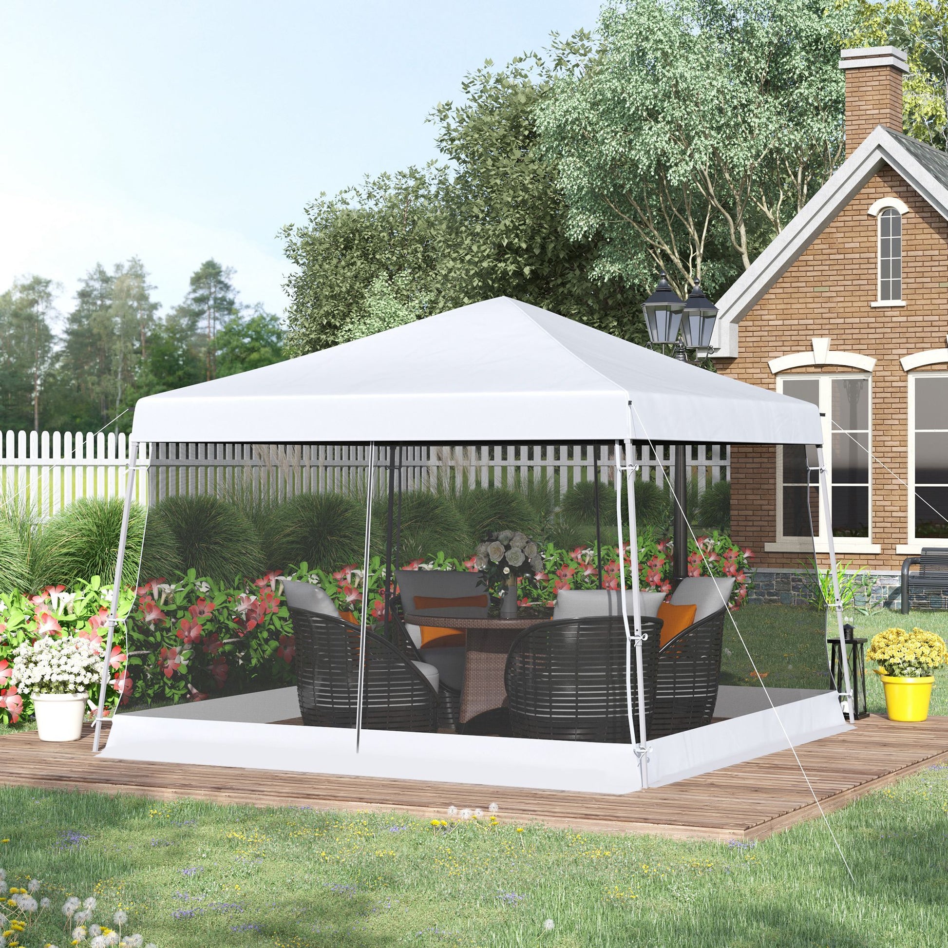 Outsunny Slant Leg Pop Up Canopy Tent With Netting And Carry Bag, Instant Sun Shelter, Tents For Parties, Height Adjustable, For Outdoor, Garden, Patio, 11.5'X11.5' Base 10'X10' Top , White White Steel