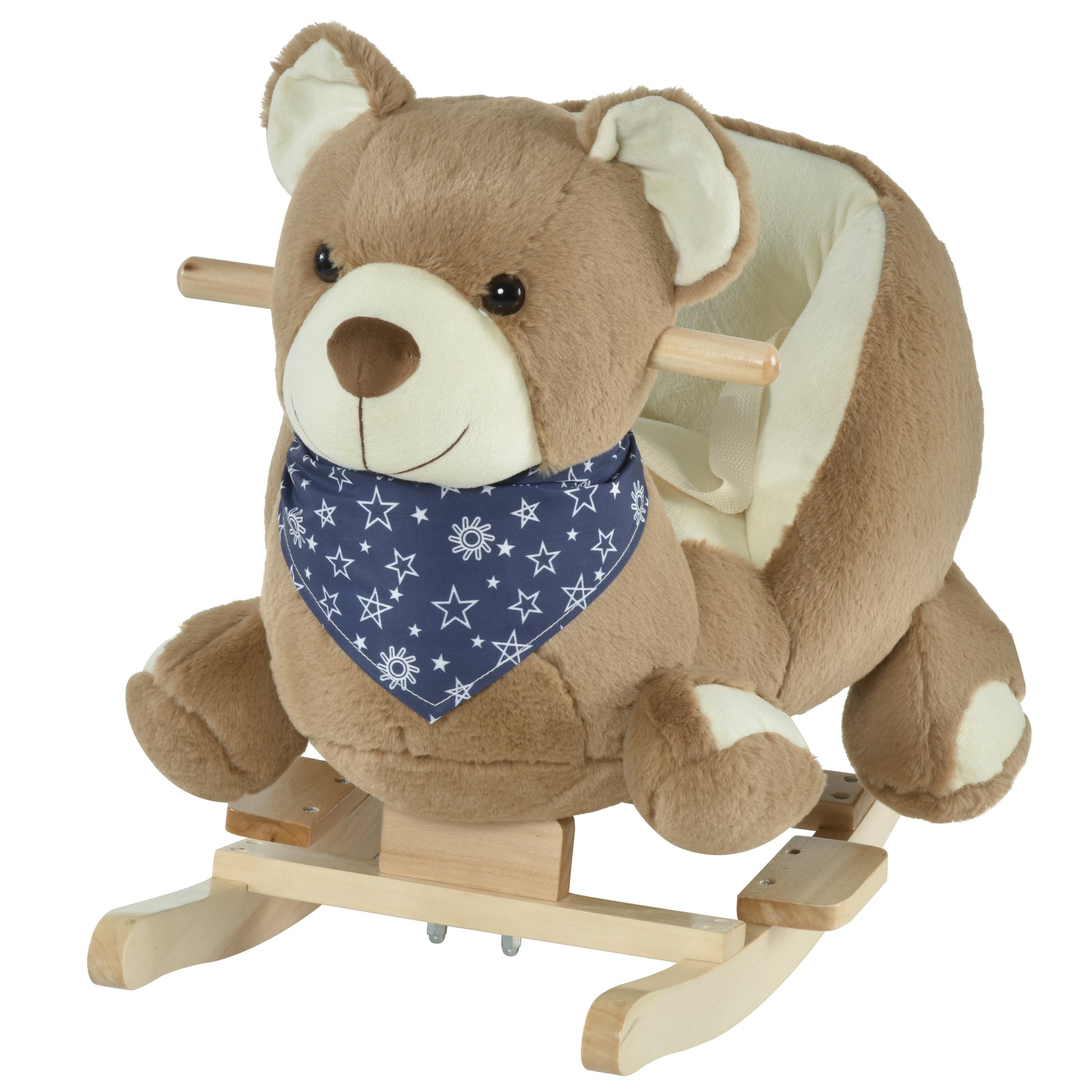 Qaba Baby Rocking Horse With Lullaby, Riding Horse, Bear Themed Plush Animal Rocker With Pedals For Ages 18 36 Months Brown Wood