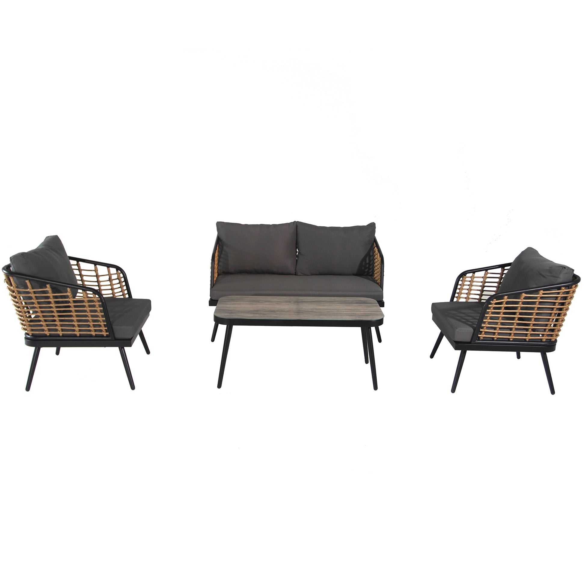 4 Pieces Patio Furniture Set, Pe Rattan Wicker 4 Pcs Outdoor Sofa Set W Washable Cushion And Tempered Glass Tabletop, Conversation Furniture For Garden Poolside Balcony Black Natural Steel