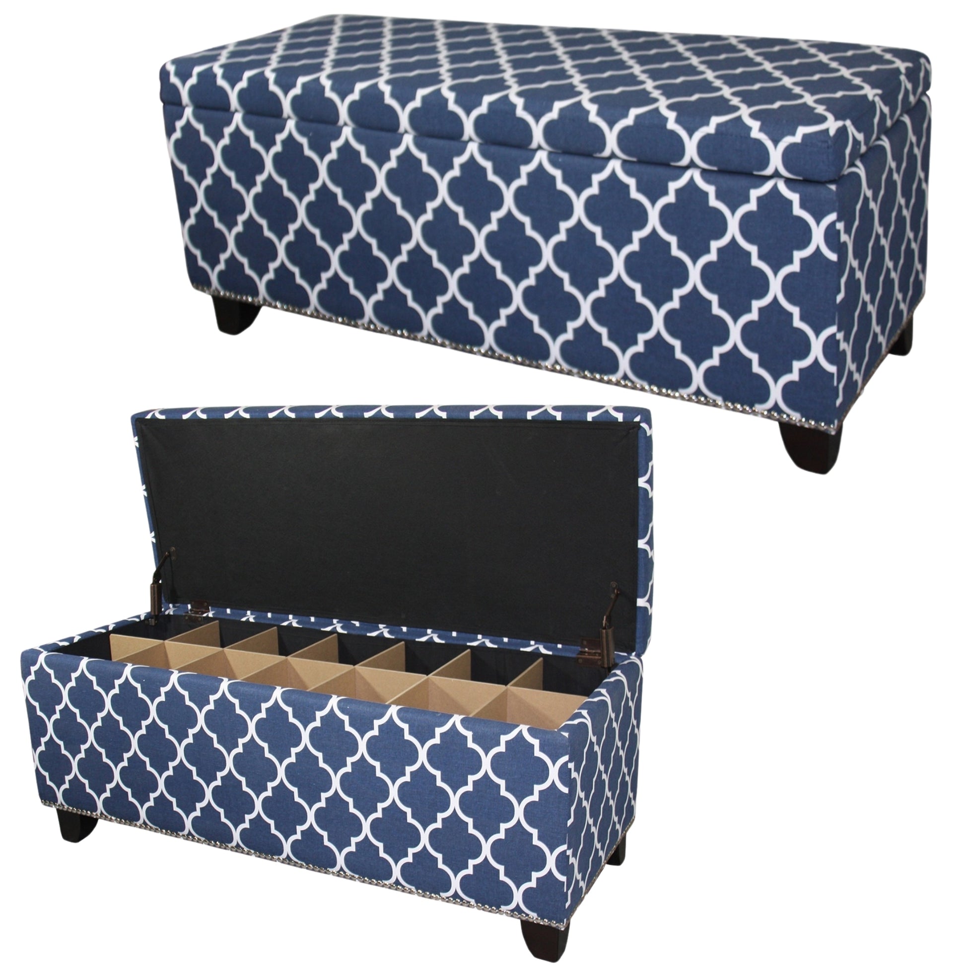 18" Tall Storage Bench With Blue Moroccan Stripes Decor Blue Wood