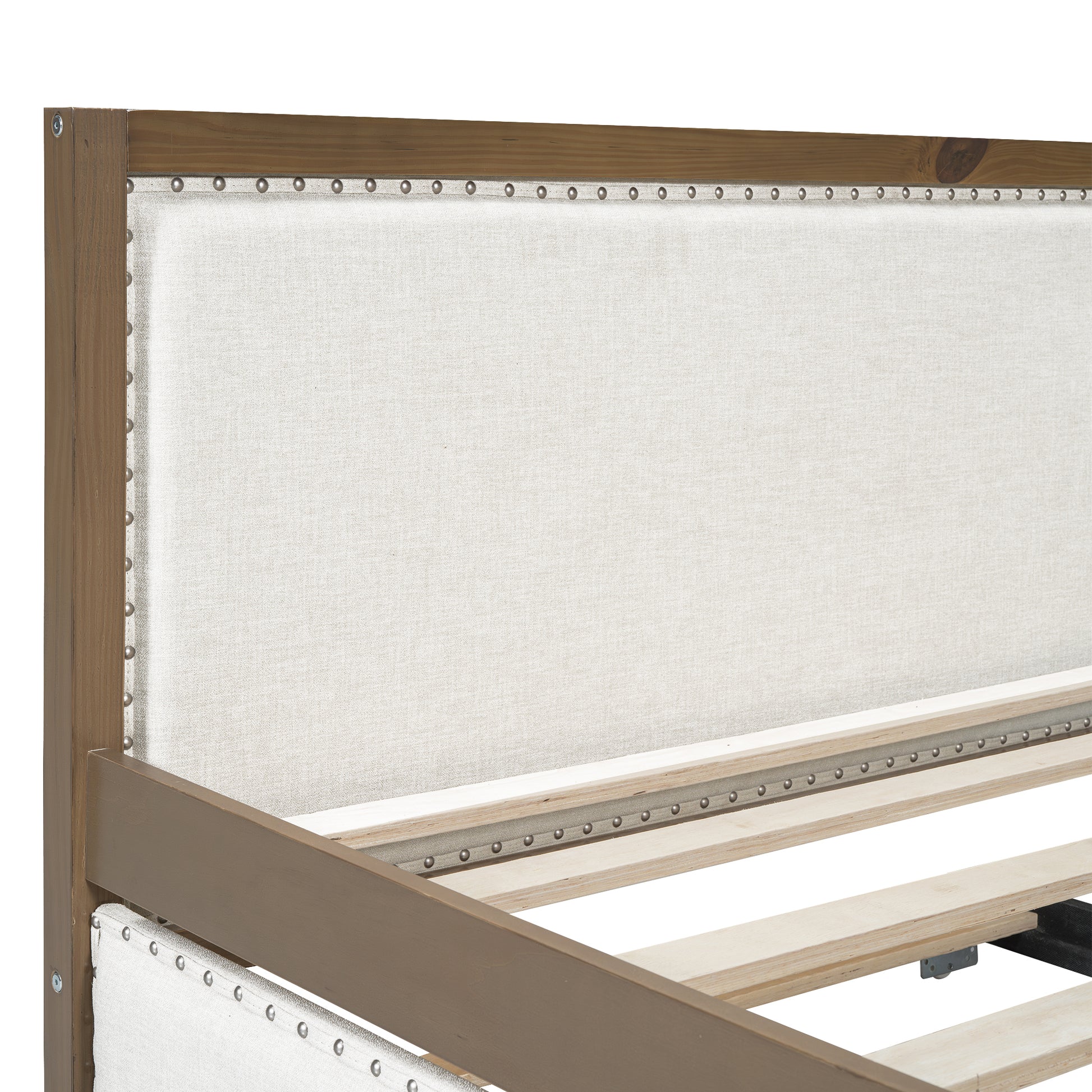 Full Size Upholstered Daybed With Trundle And Decoration, Wood Color Box Spring Not Required Full Wood Wood Daybeds Linen Upholstered