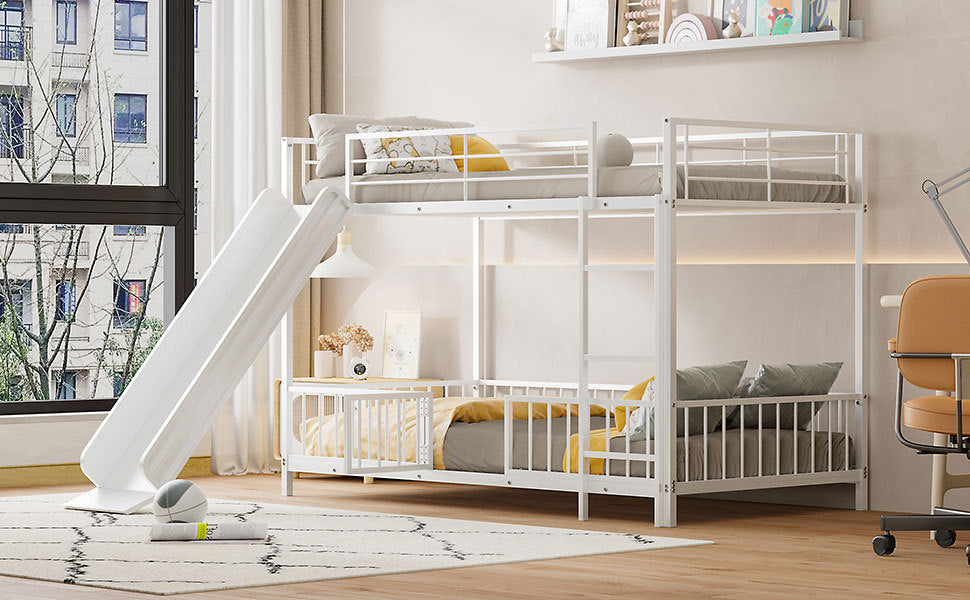 Twin Over Twin Size Metal Bunk Bed With Slide And Guardrails, White Twin White Metal