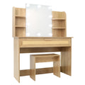 Vanity Desk Set Stool & Dressing Table With Led Lighting Mirror Drawer And Compartments Modern Wood Cosmetic Table Chest Of Drawers Nature Color Natural Wood Particle Board