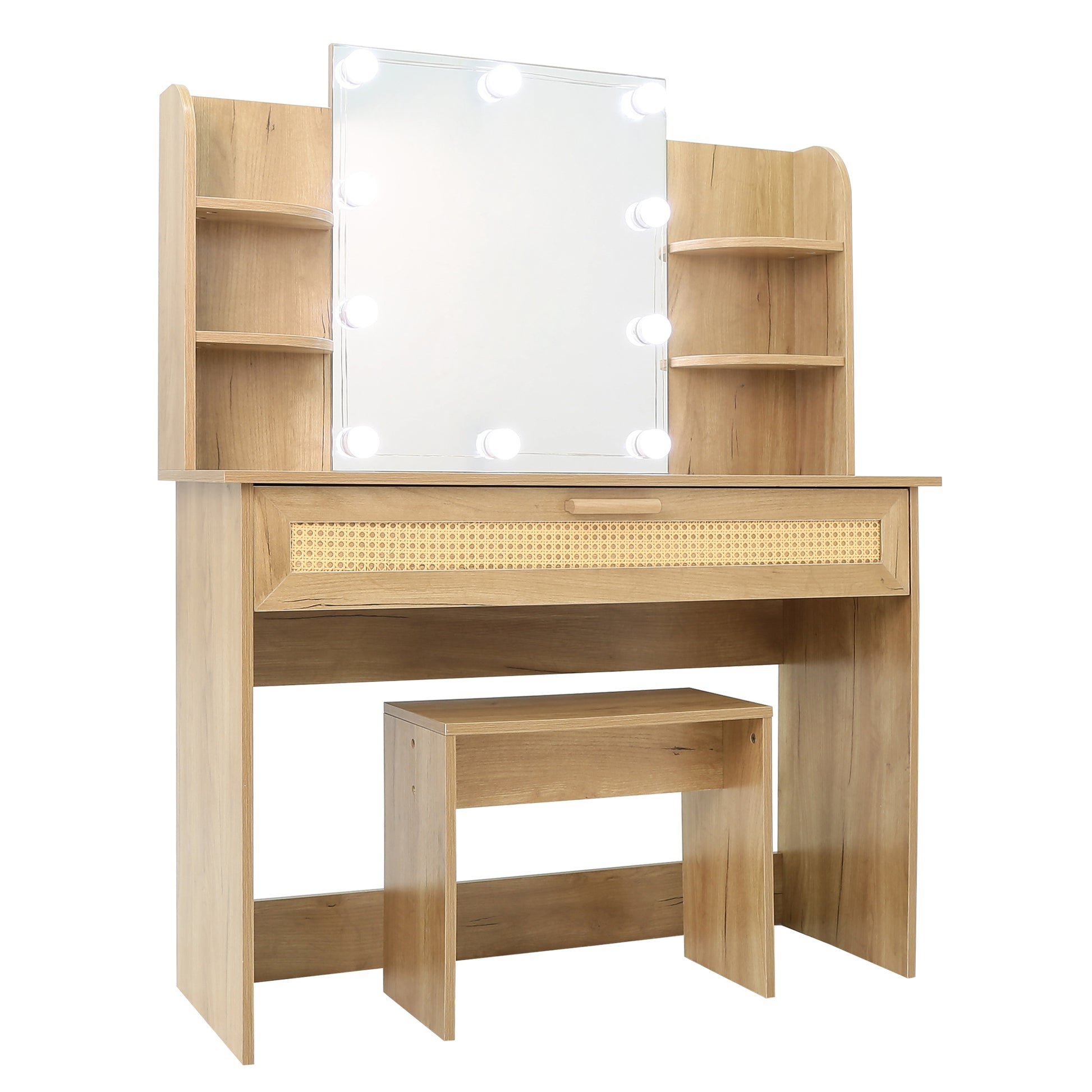 Vanity Desk Set Stool & Dressing Table With Led Lighting Mirror Drawer And Compartments Modern Wood Cosmetic Table Chest Of Drawers Nature Color Natural Wood Particle Board