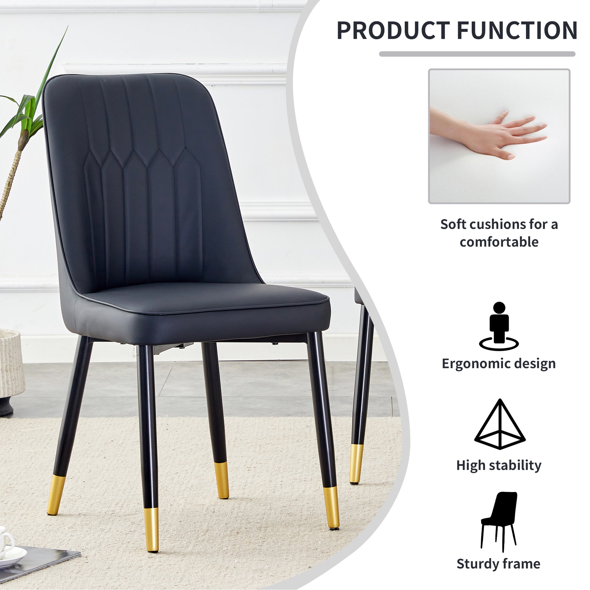Table And Chair Set.The Table Has A Glass Top With Imitation Marble Pattern Stickers And Stainless Steel Golden Legs. Paried With Chairs With Pu Artificial Leather Backrest Cushions And Black Legs. White Gold Seats 8 Glass Metal