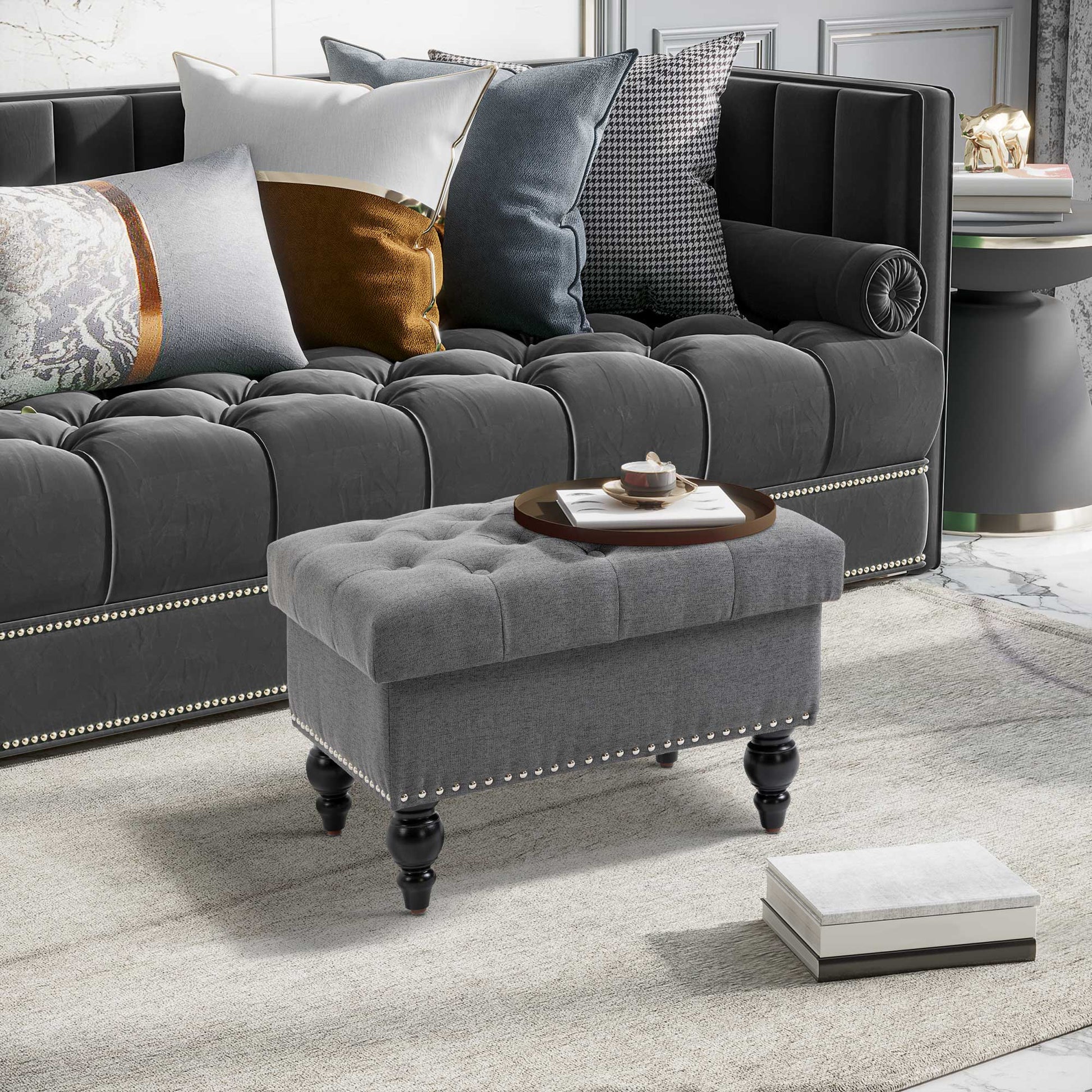 Homcom Ottoman With Storage For Living Room, 25" Storage Ottoman With Removable Lid, Button Tufted Fabric Bench For Footrest And Seat With Wood Legs, Gray Gray Linen