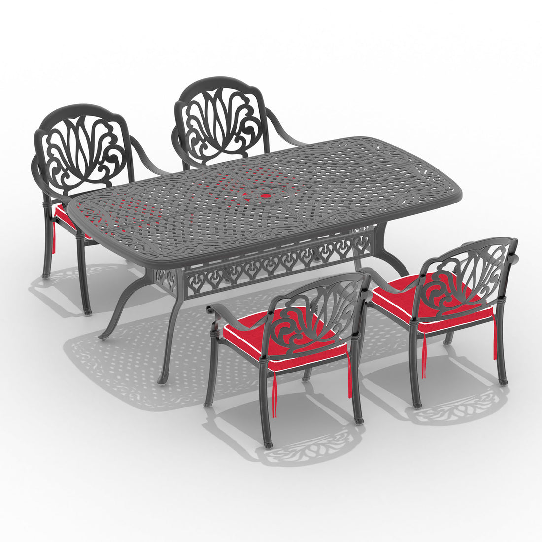 Cushions In Random Colors 5 Piece Set Of Cast Aluminum Patio Furniture With Cushions Yes Dining Set Black Seats 4 Rust Resistant Frame Water Resistant Cushion Garden & Outdoor Complete Patio Sets Aluminium