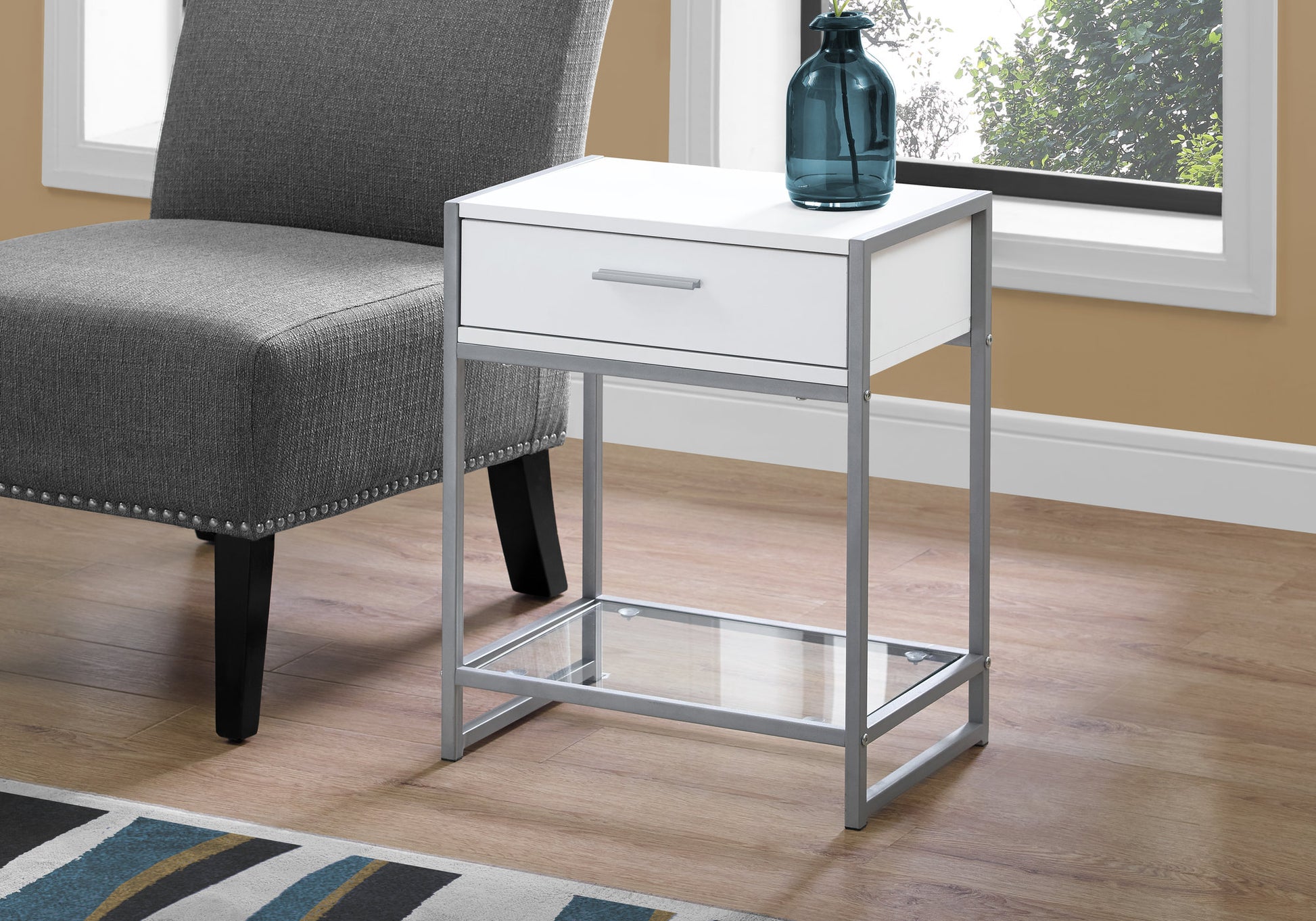 Accent Table, Side, End, Nightstand, Lamp, Storage Drawer, Living Room, Bedroom, White Laminate, Grey Metal, Contemporary, Modern White Mdf