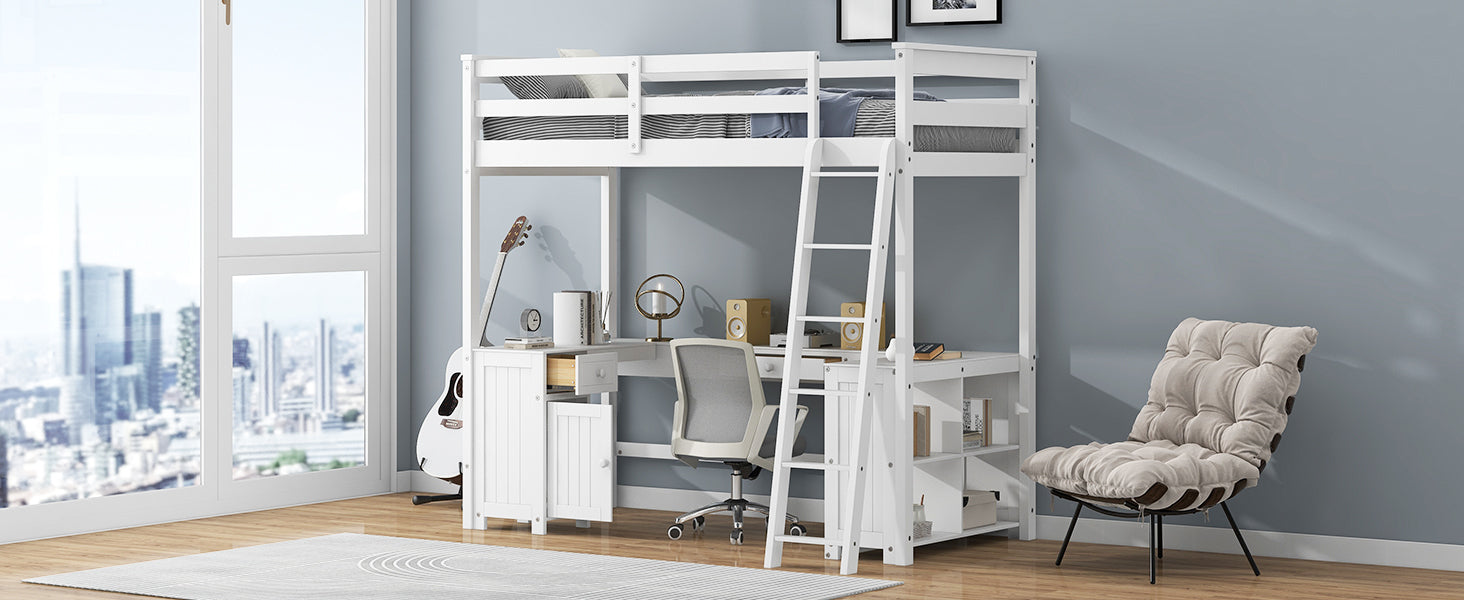Twin Size Loft Bed With U Shaped Desk, Drawers And Storage Shelves, White Box Spring Not Required Twin White Wood Bedroom Solid Wood Mdf