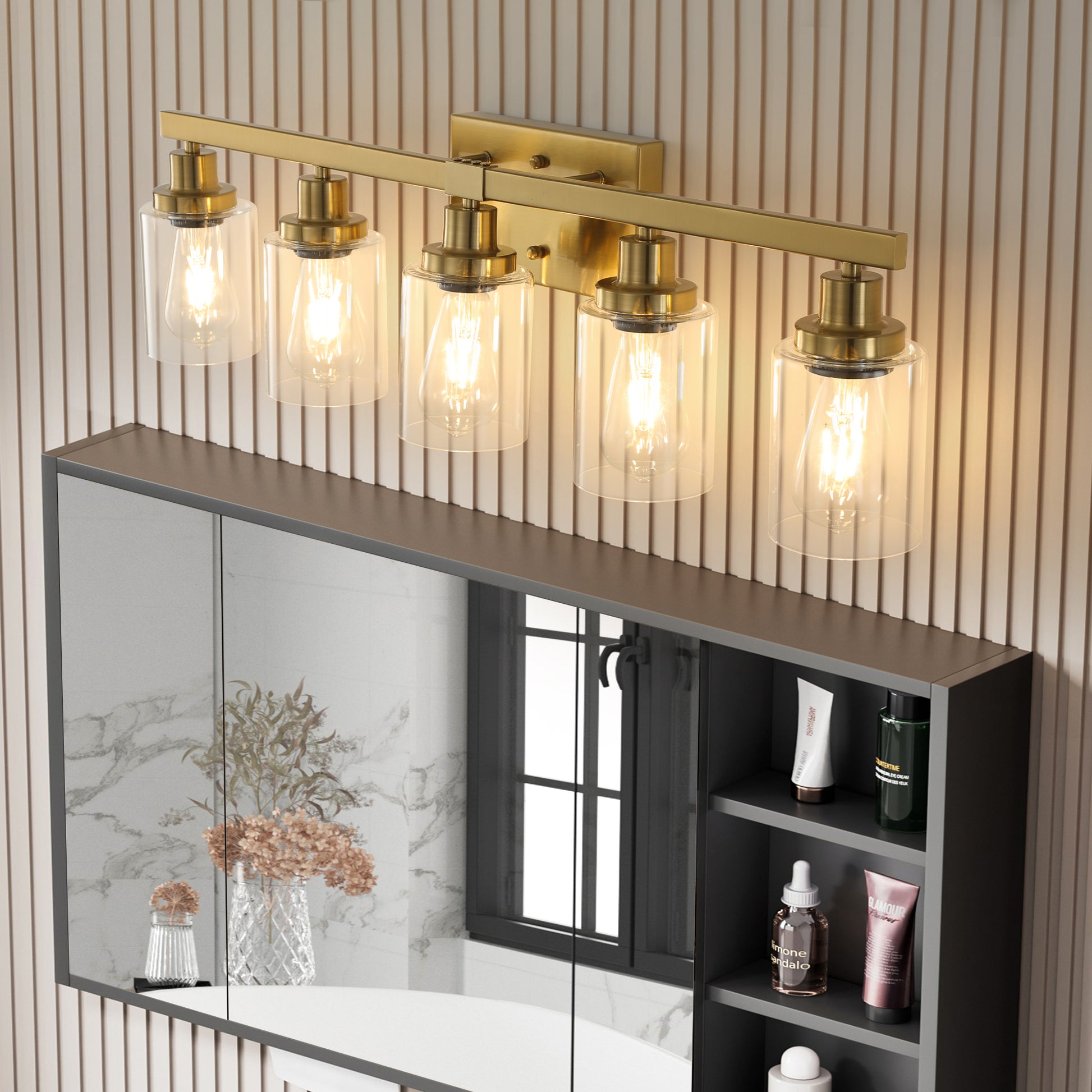 Golden 5 Light Vanity Light With Clear Glass Shades, Modern Iron Metal Bathroom Wall Fixture For Mirror, Ideal For Bathroom And Dressing Table No Bulbs Golden Glass Iron