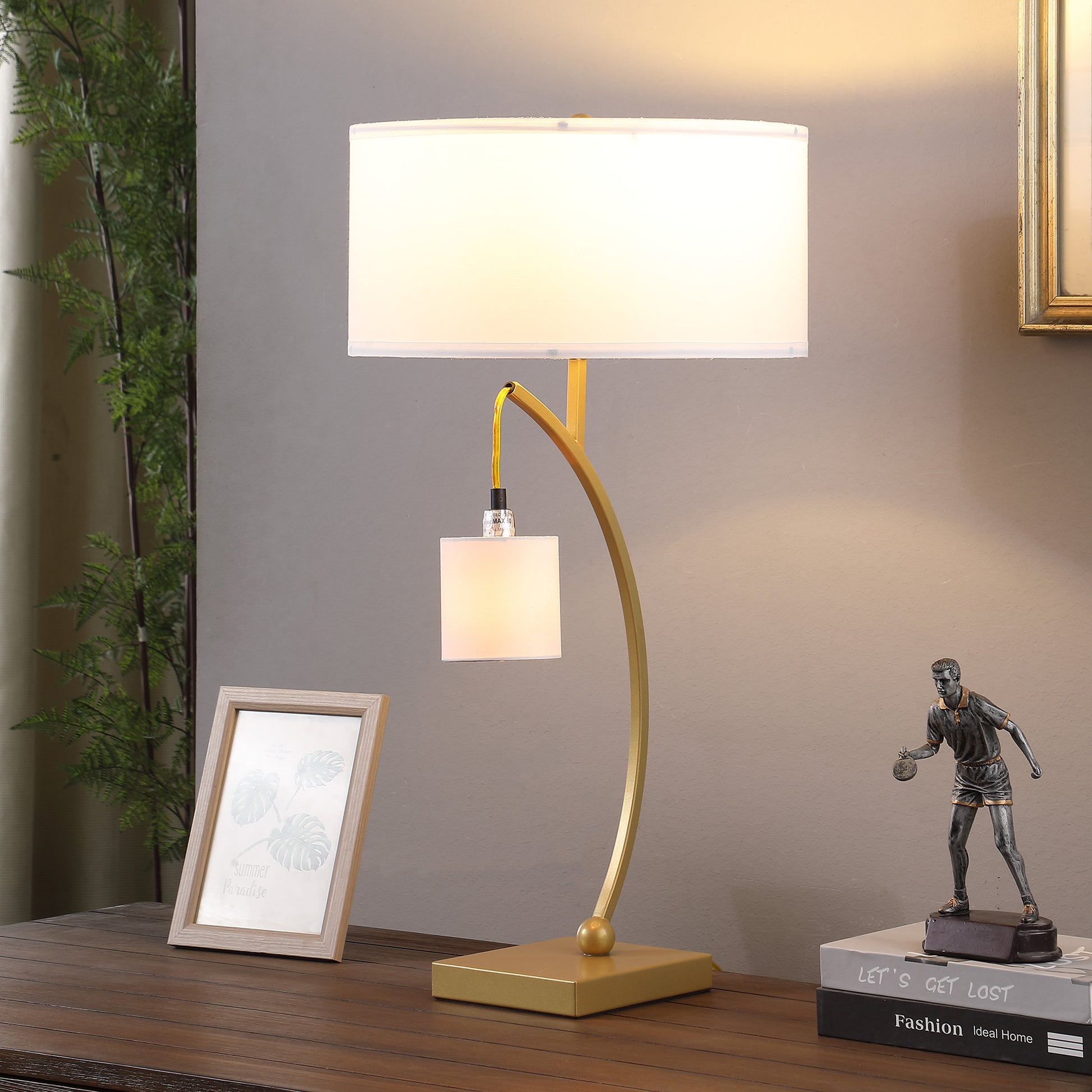 28.5" In Contemporary Dual Gold Arc W Hanging Pendelum Lamp Metal Table Lamp Gold Metal