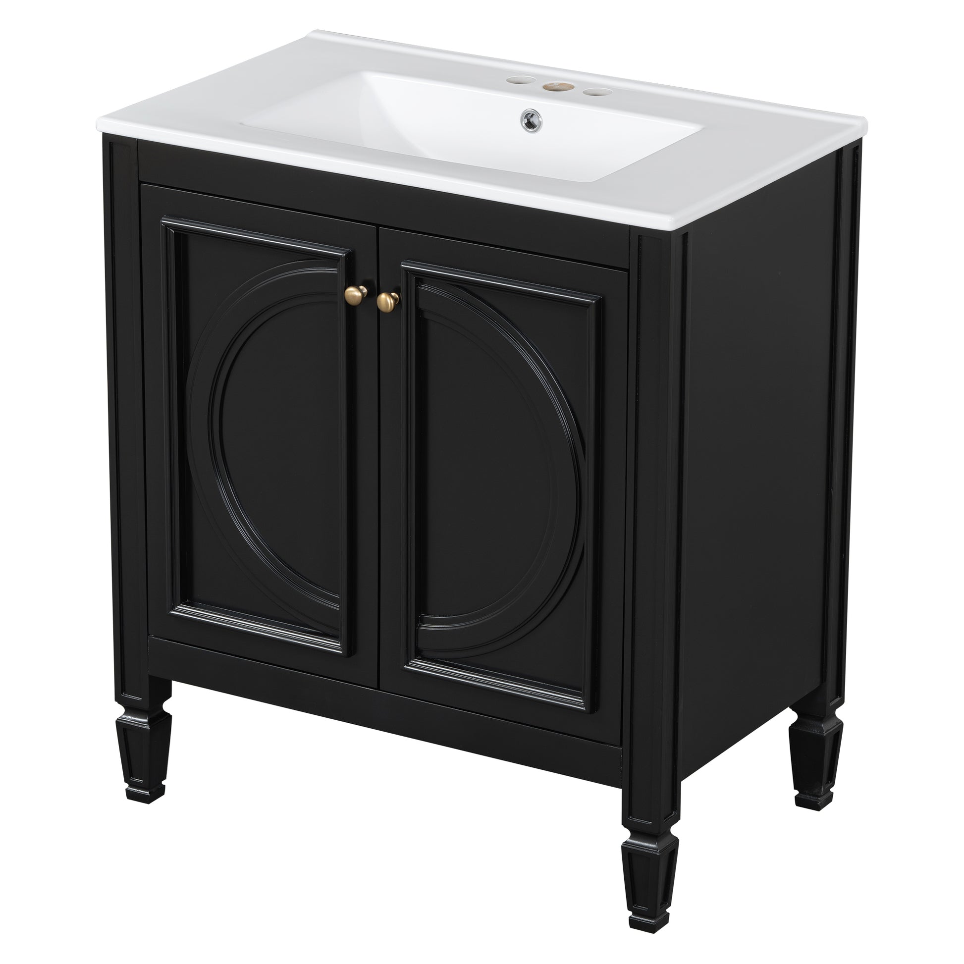 30" Bathroom Vanity With Sink, Two Doors With Shelf, Soft Close Door Hinges, Vintage Style, Black Black Ceramic Mdf,Rubber Wood