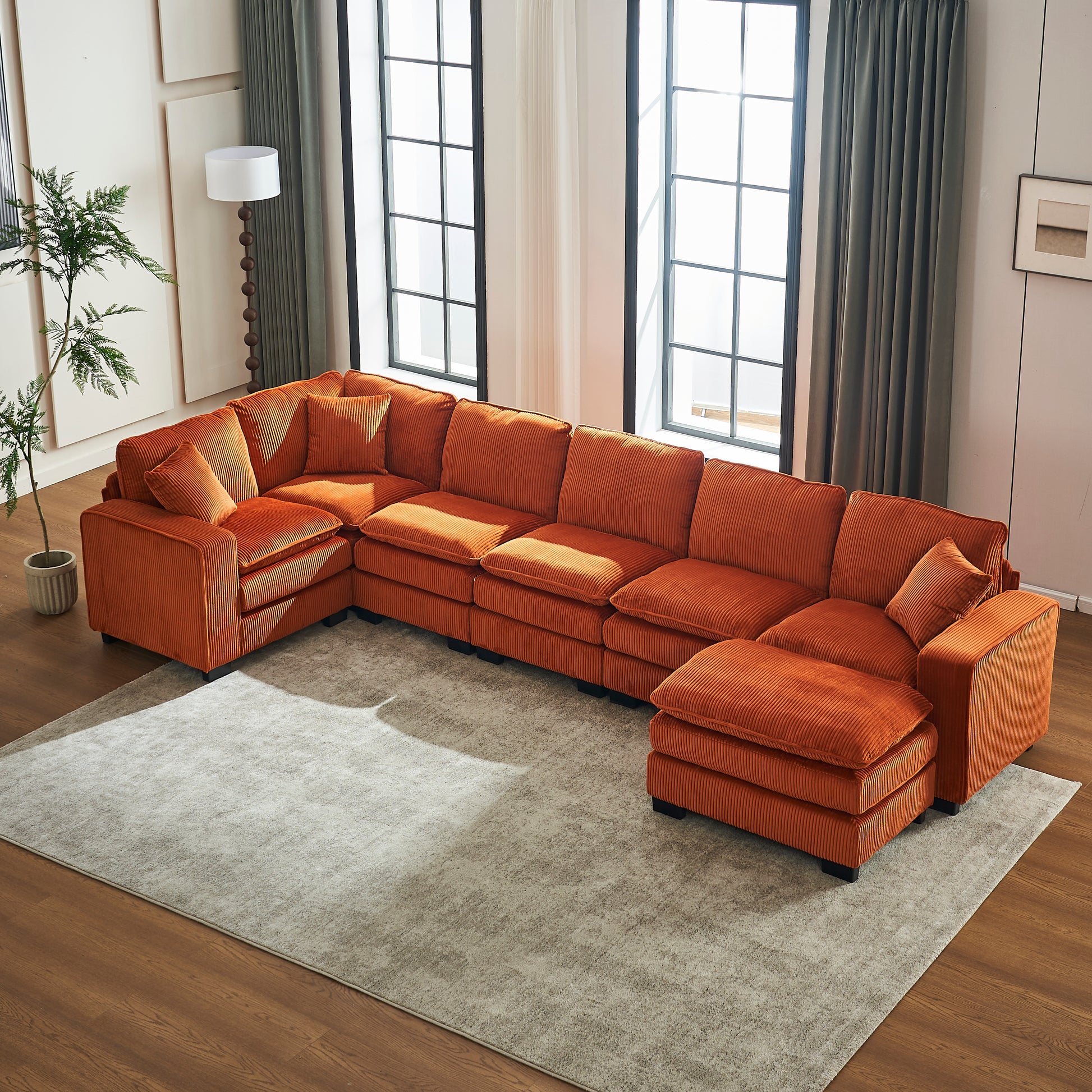 Modern U Shaped 6 Seat Sectional Sofa Couch With One Ottoman And Three Toss Pillows ,Modular Sofa For Living Room,Corduroy Sofa Orange Corduroy 7 Seat