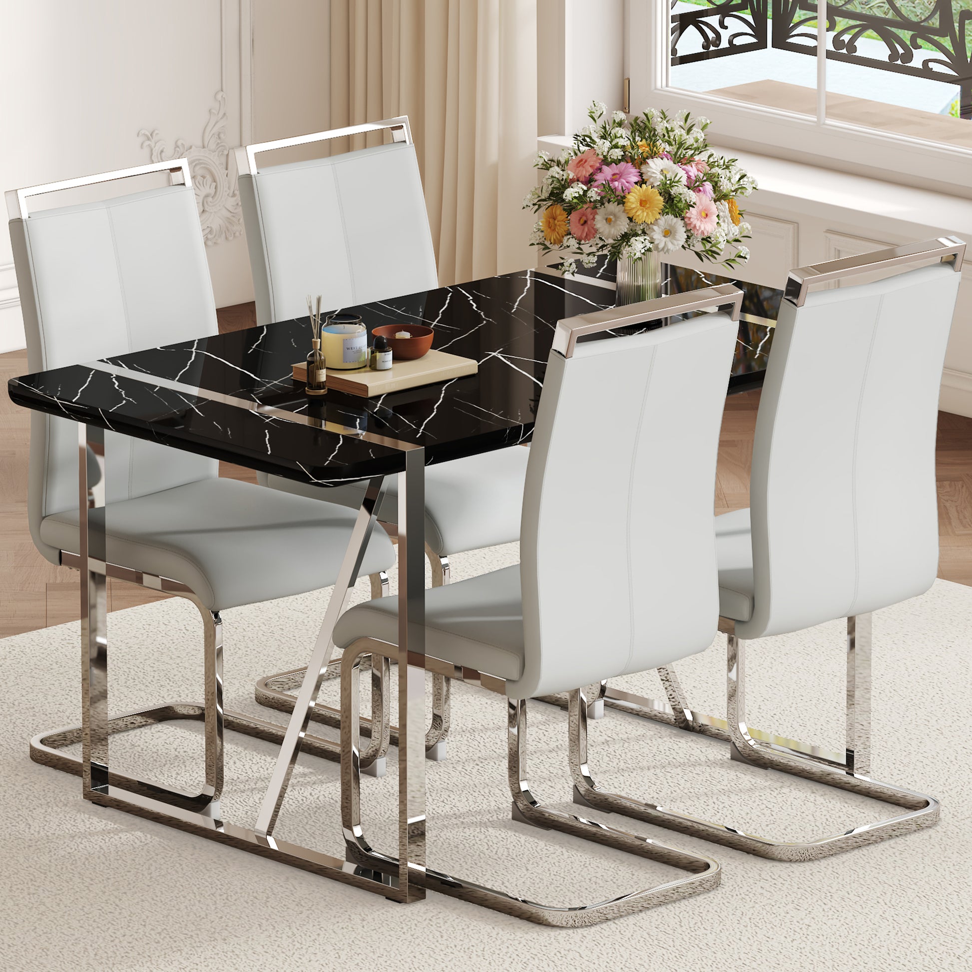 Table And Chair Set.A Rustic Industrial Rectangular Mdf Black Dining Table With Mdf Desktop And Electroplated Silver Metal Legs.Paried With 4 Chairs With Pu Cushion And Metal Legs. Black,Light Gray,Silver Seats 4 Mdf Metal