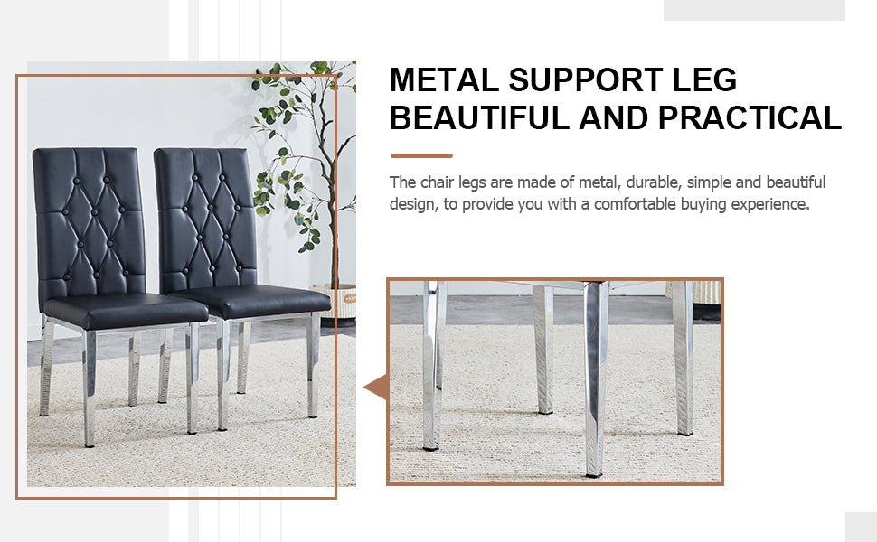 2 Piece Dining Chair, Modern Style Kitchen Upholstered High Back, Metal Leg Office Chair, Suitable For Dining Room, Office, Restaurant. Black Set Of 2 Pu