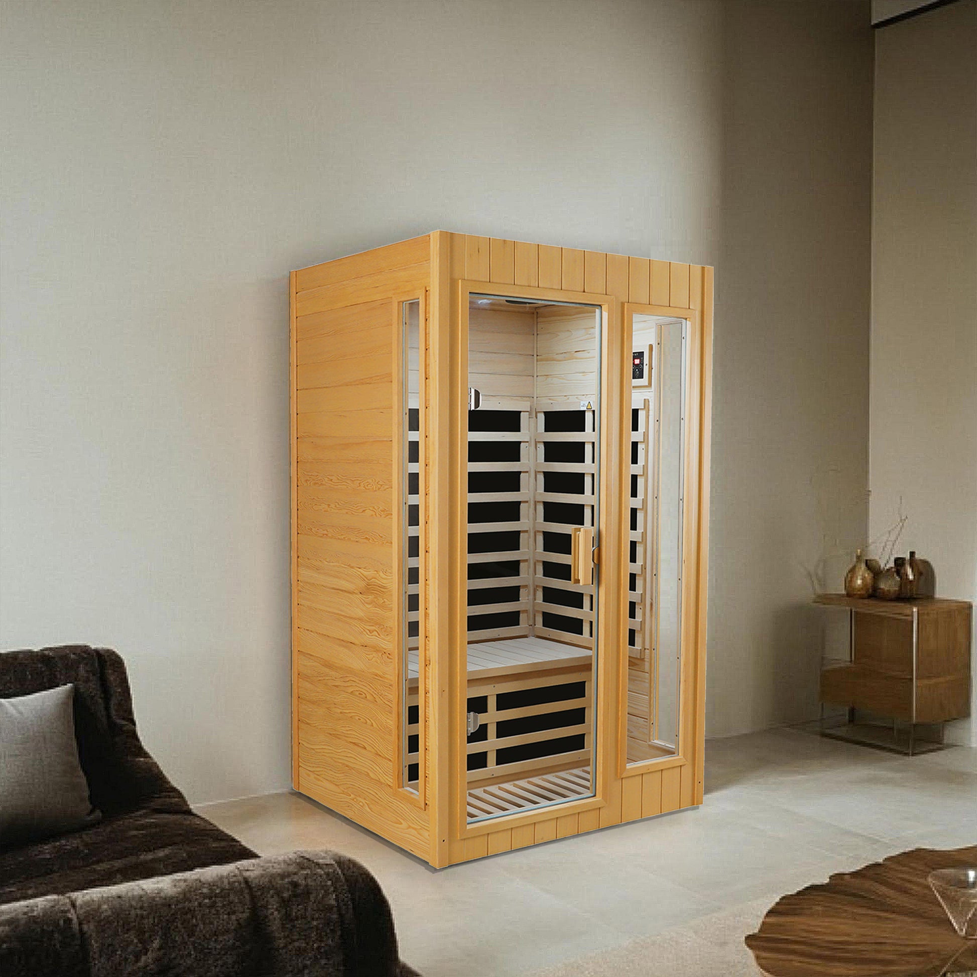 Hemlock Two Person Far Infrared Roof Embedded Indoor Sauna Room Natural Wood Metal & Wood