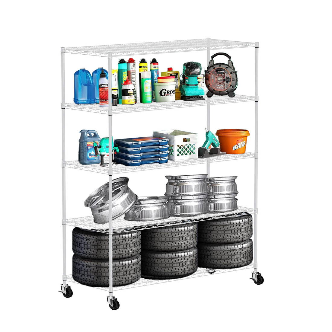 Warehouse, Supermarket, Kitchen, And Other 5 Layer Heavy Duty Adjustable Shelves With Wheels And Adjustable Feet, Each Metal Frame Bearing 300 Pounds. 59.45 "L 24.02 "W 71.65 "H,White White Steel