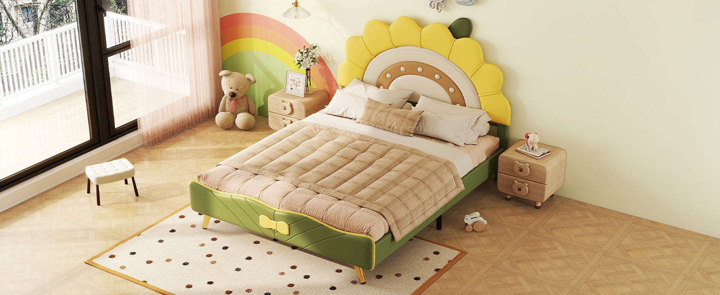 Full Size Upholstered Platform Bed With Sunflower Shaped Headboard, Green Box Spring Not Required Full Green Wood Bedroom Bed Frame Faux Leather Upholstered