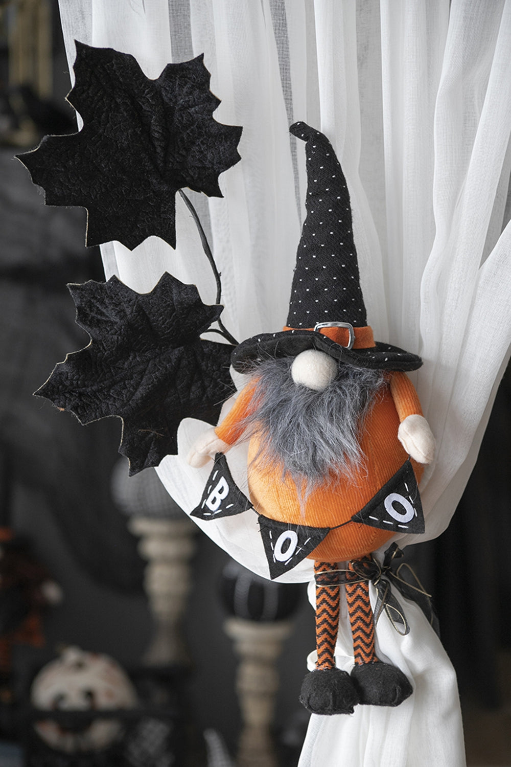 6.3X4.3X16" Fabric Standing Orange Gnome W Black Gnome & Holding Banner, For Halloween Decor Black,Orange,White Polyester