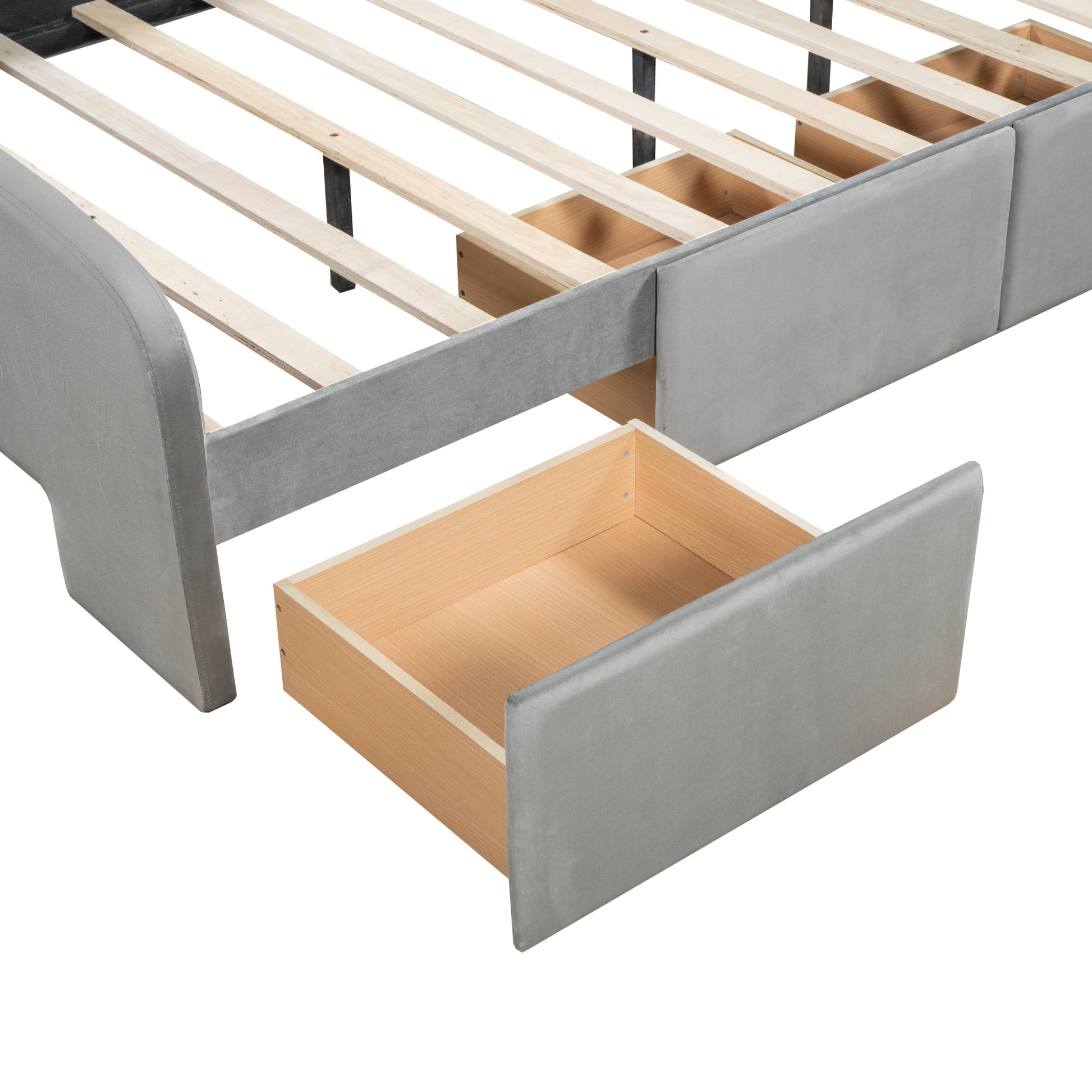 Full Size Velvet Platform Bed With Rabbit Shaped Headboard, With Drawers, With Bed End Storage Pocket, Gray Full Gray Plywood