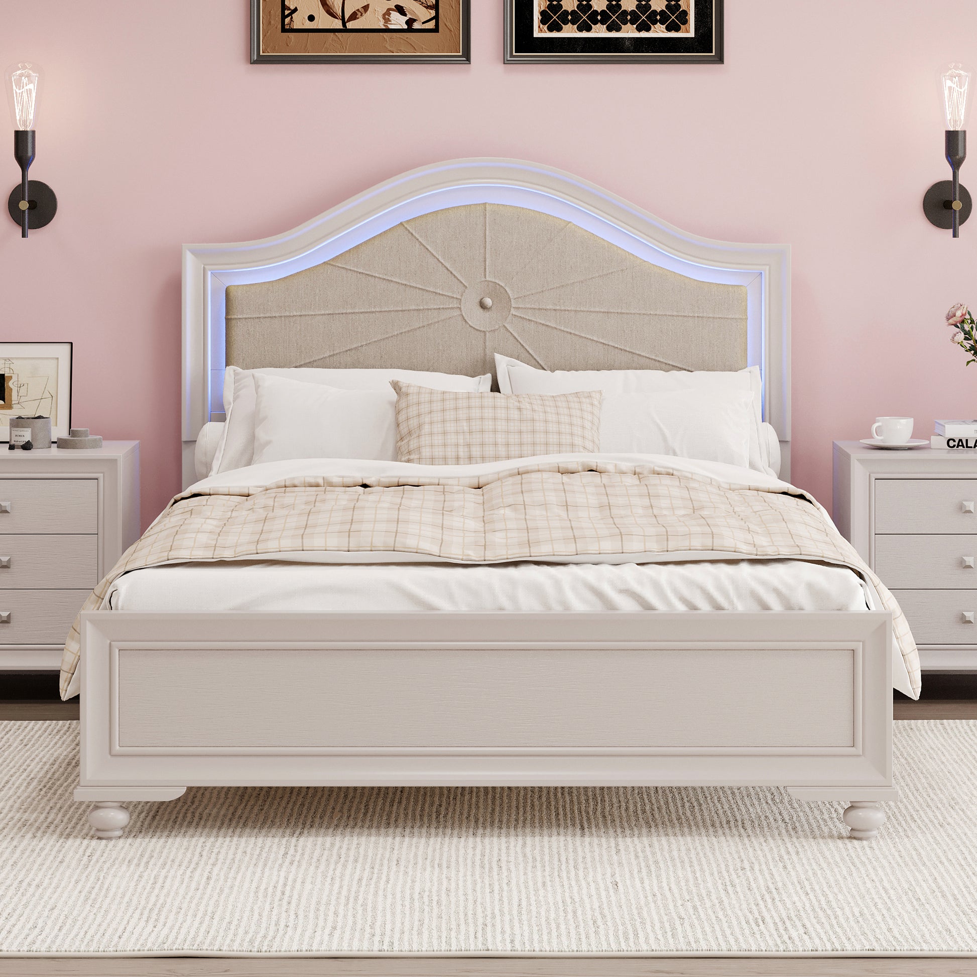 Modern Full Size Wood Bed With Hidden Led Light Upholstered Curved Headboard, No Box Spring Needed, Cream Grey Full Cream Grey Upholstered,Wood