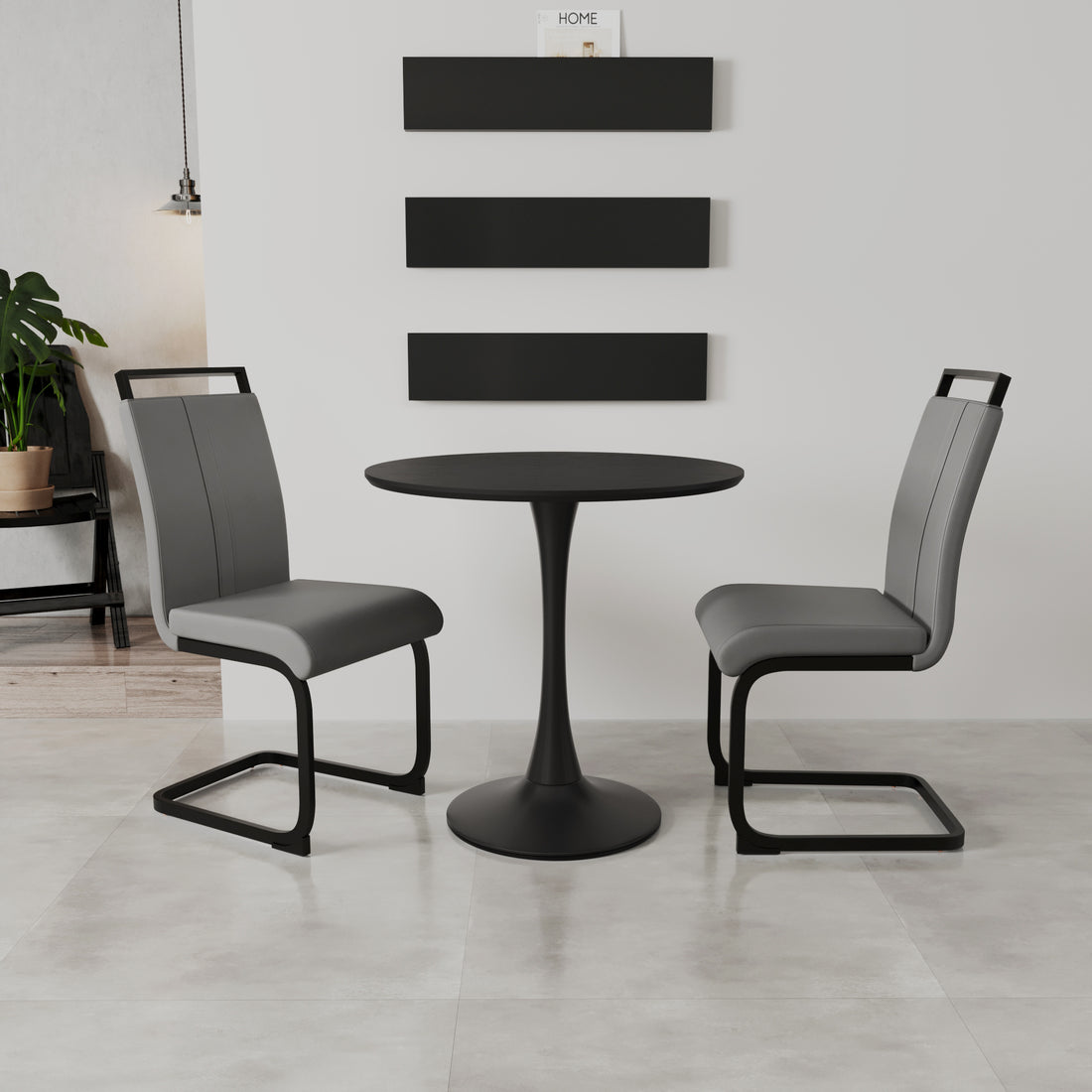 Black Circular Dining Table, 31.5 "Tulip Dining Table, Kitchen Dining Table For 2 4 People, Mdf Tabletop And Base, And 2 Gray Pu Black Metal Leg Dining Chairs Set 2 Black Mdf
