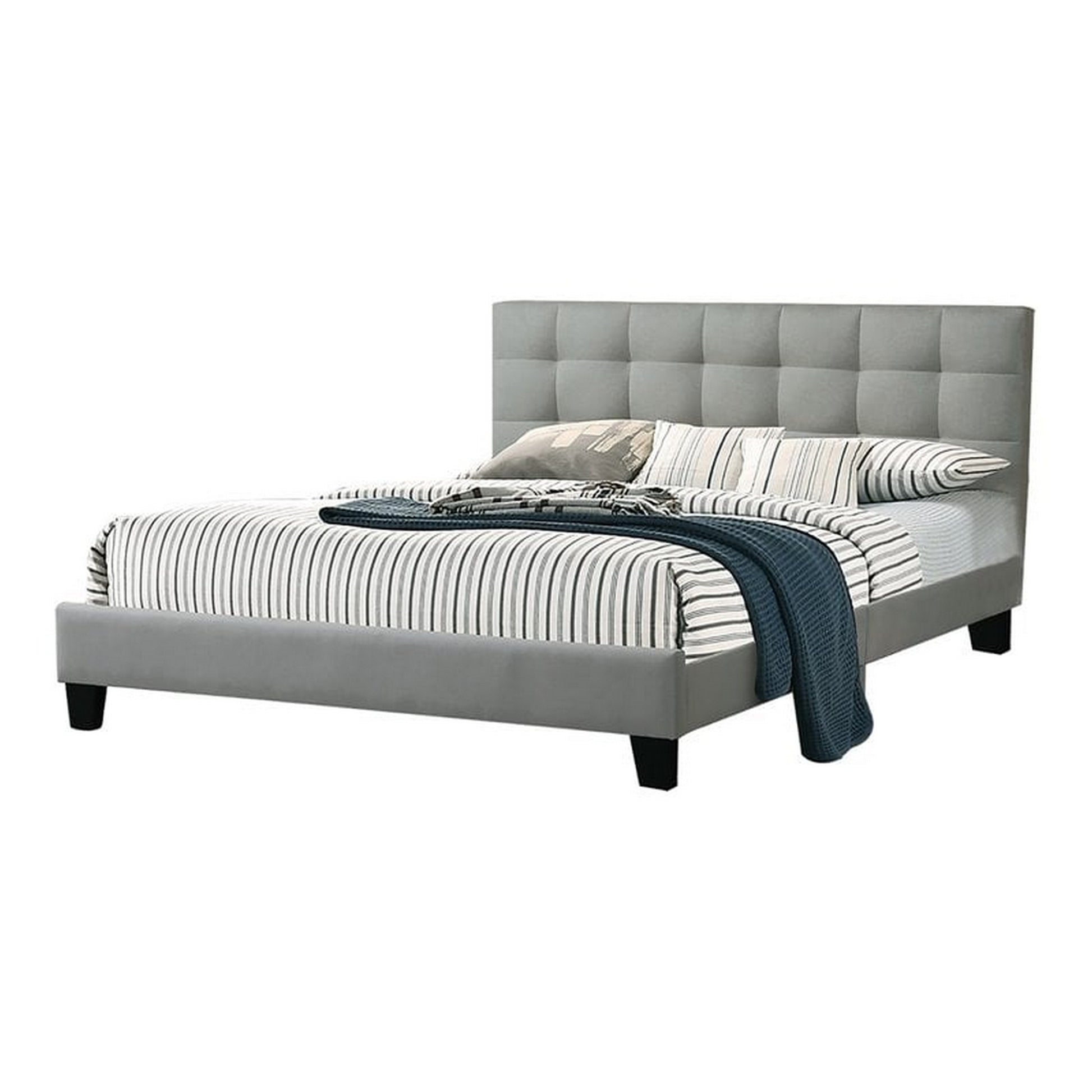 Eve Platform King Size Bed, Vertical Channel Tufted Light Gray Upholstery Light Gray Wood