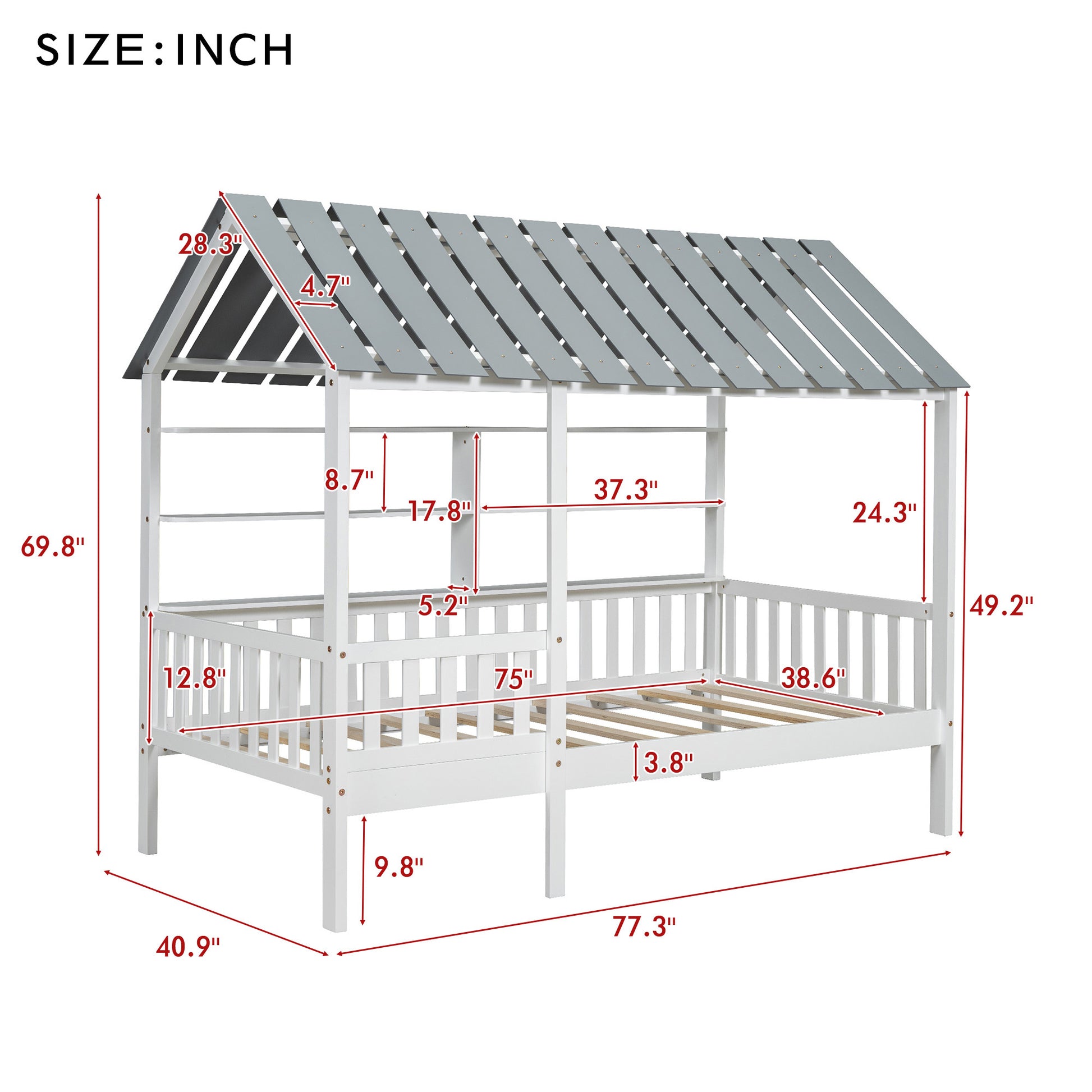 Wood Twin Size House Bed With Roof, Guardrail And Shelves, White Box Spring Not Required Twin White Wood Bedroom Bed Frame Solid Wood Mdf